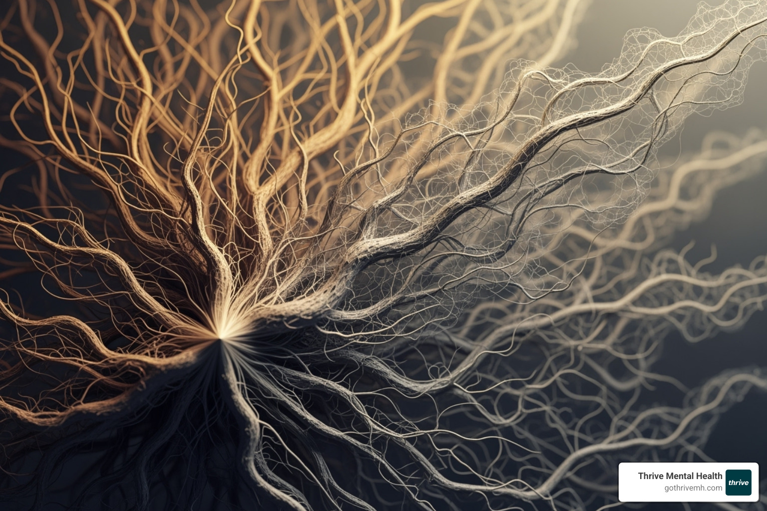 diagram showing the interconnectedness of CPTSD symptoms like a web or a tree with roots and branches - complex post traumatic stress disorder