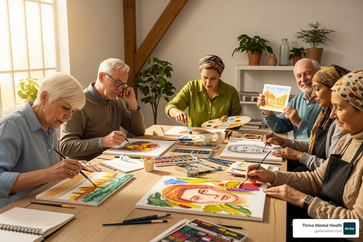 Diverse group of seniors participating in an art class - art therapy for seniors
