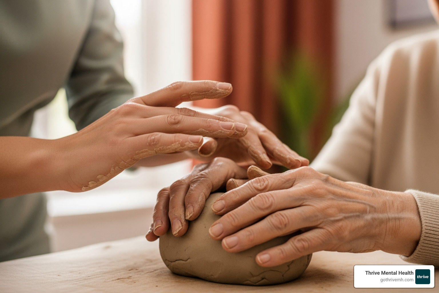Therapist gently guiding a senior's hand during a clay activity - art therapy for seniors