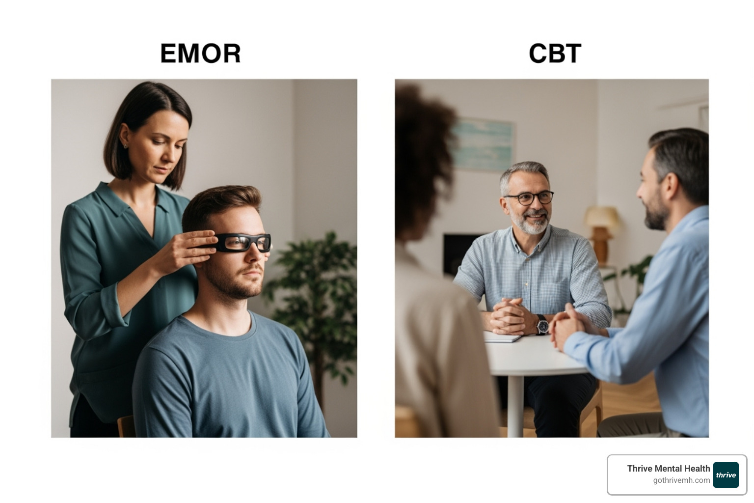 Two individuals engaged in therapy, one with eye movements and one in conversation, symbolizing EMDR and CBT - emdr vs cbt for ptsd
