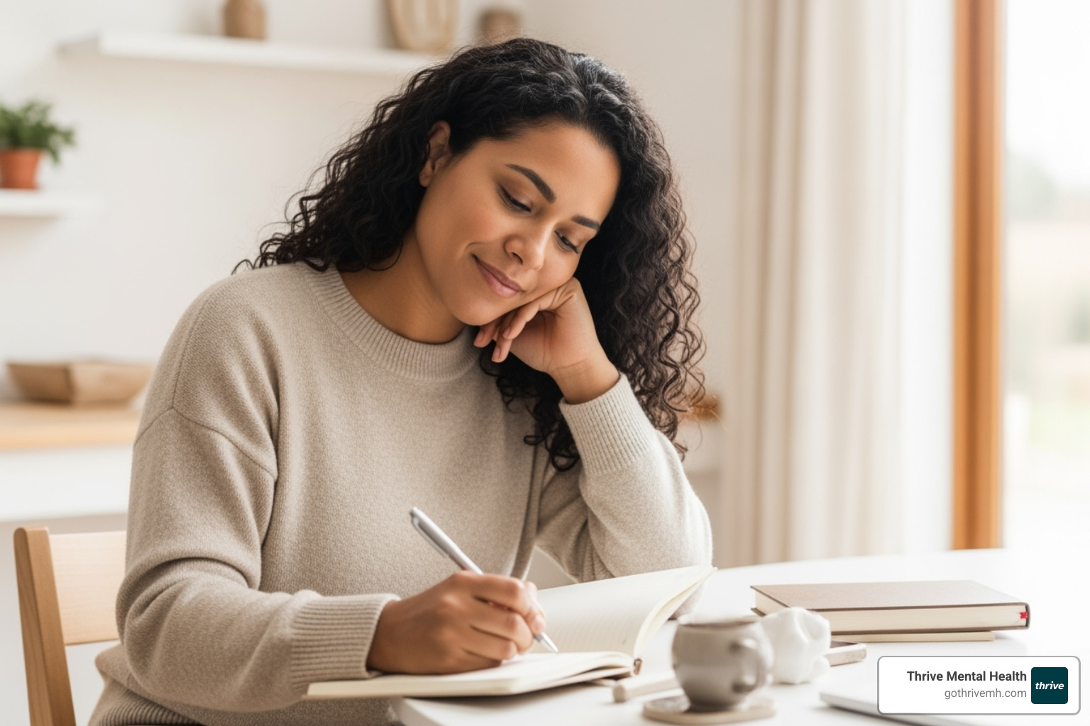 A person writing in a journal with a calm expression, symbolizing cognitive restructuring in CBT - emdr vs cbt for ptsd