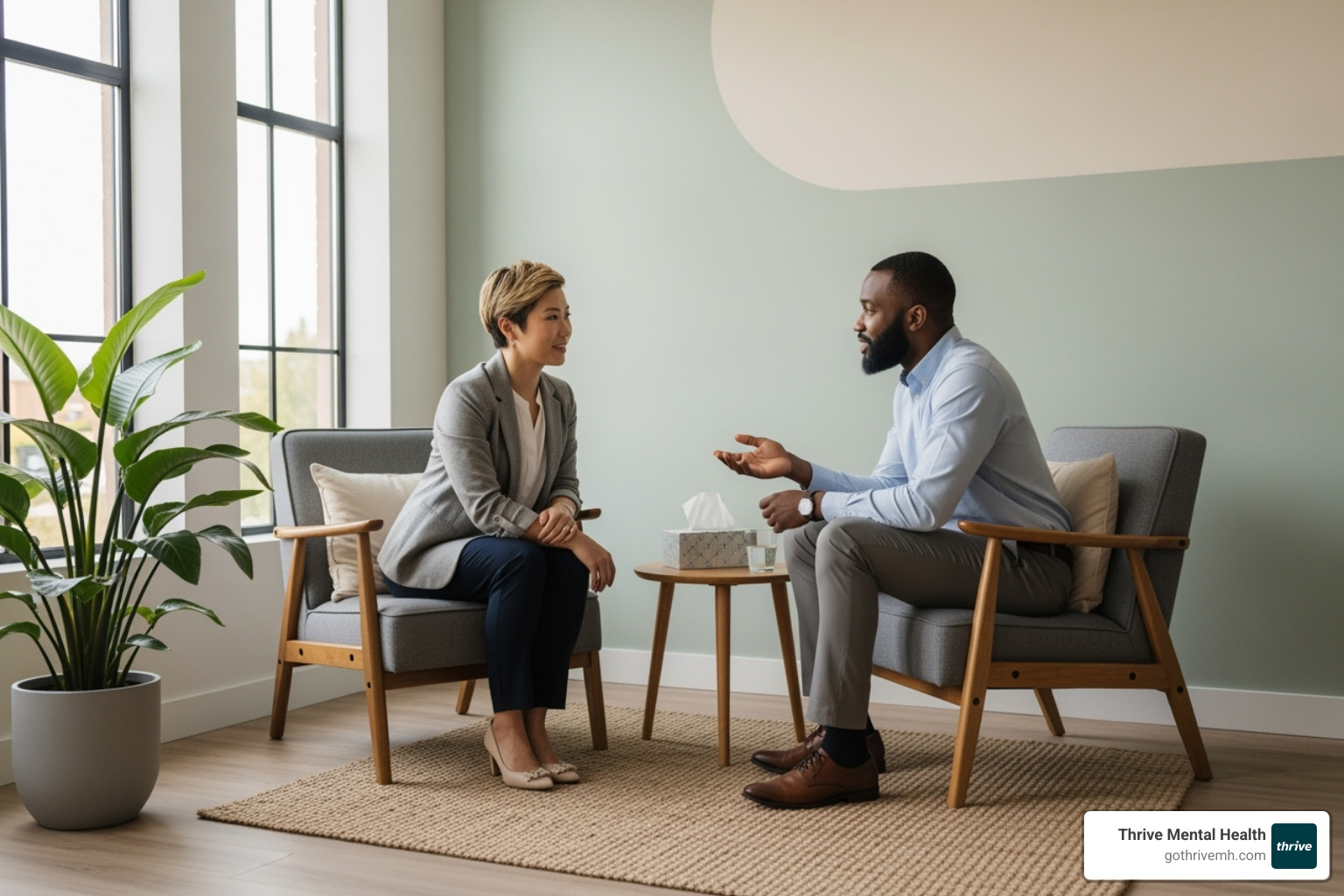 A therapist and client having a collaborative discussion in a modern, comfortable therapy office - emdr vs cbt for ptsd