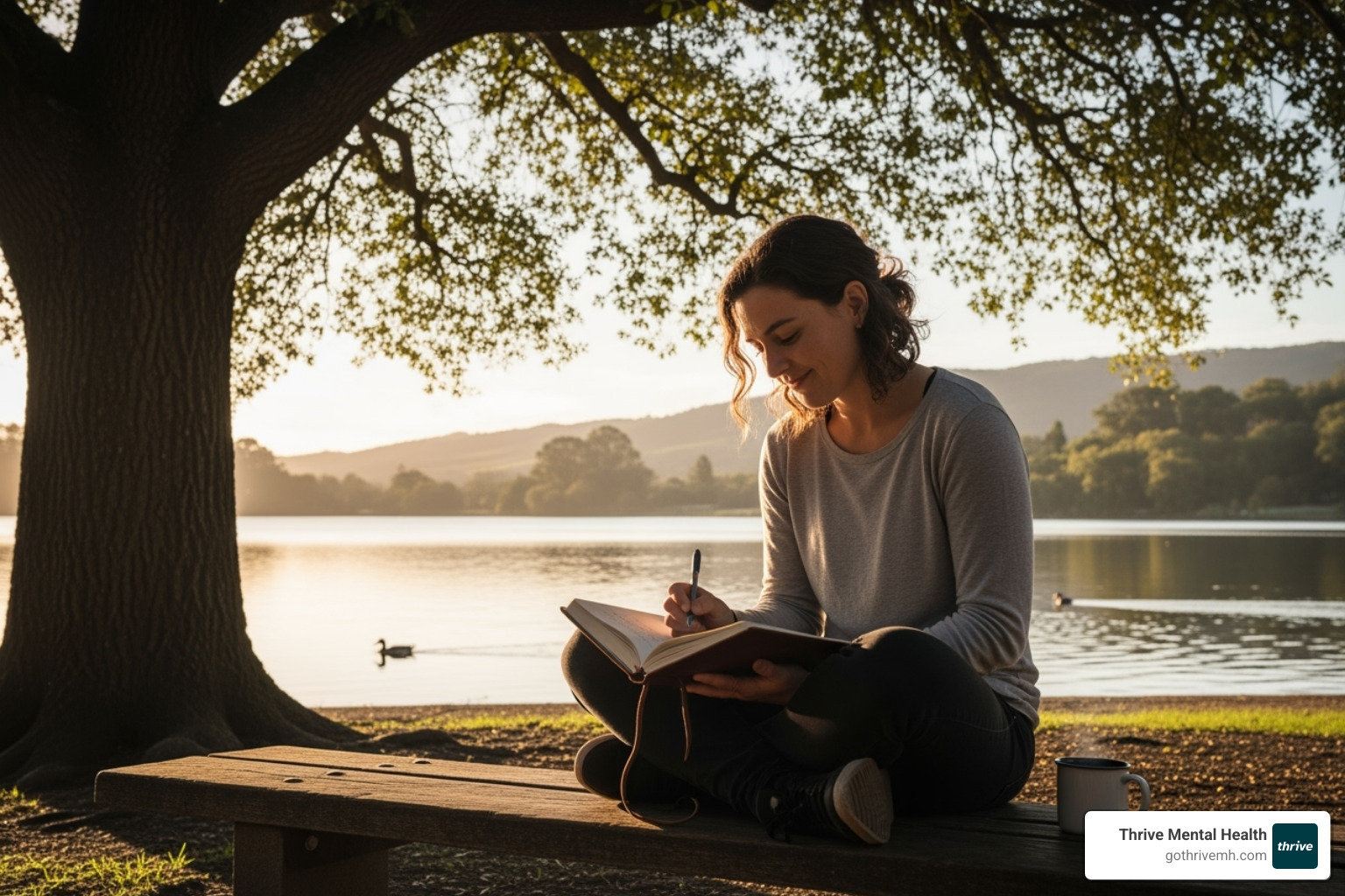 An individual sitting peacefully outdoors, journaling in a natural, serene environment, looking relieved and hopeful. - therapy for adults