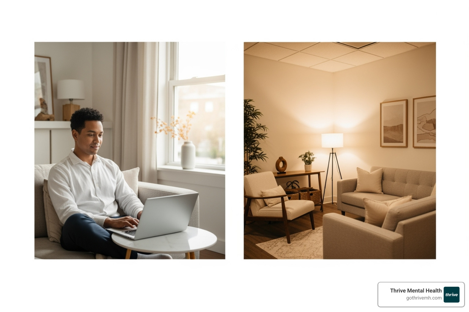 A person sitting comfortably in a modern, minimalist living room, engaging in a video therapy session on a laptop, contrasting with a serene, clean in-person therapy office with soft lighting and comfortable seating. - therapy for adults