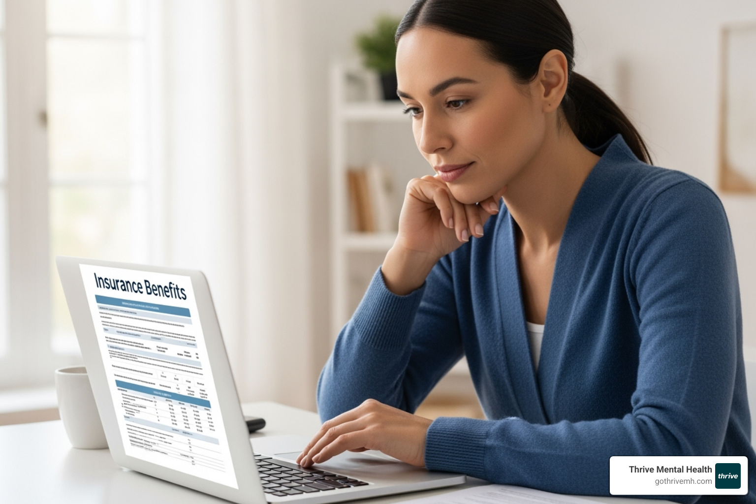 A person carefully reviewing an insurance benefits document on a computer, with a focus on clarity and understanding coverage details. - therapy for adults
