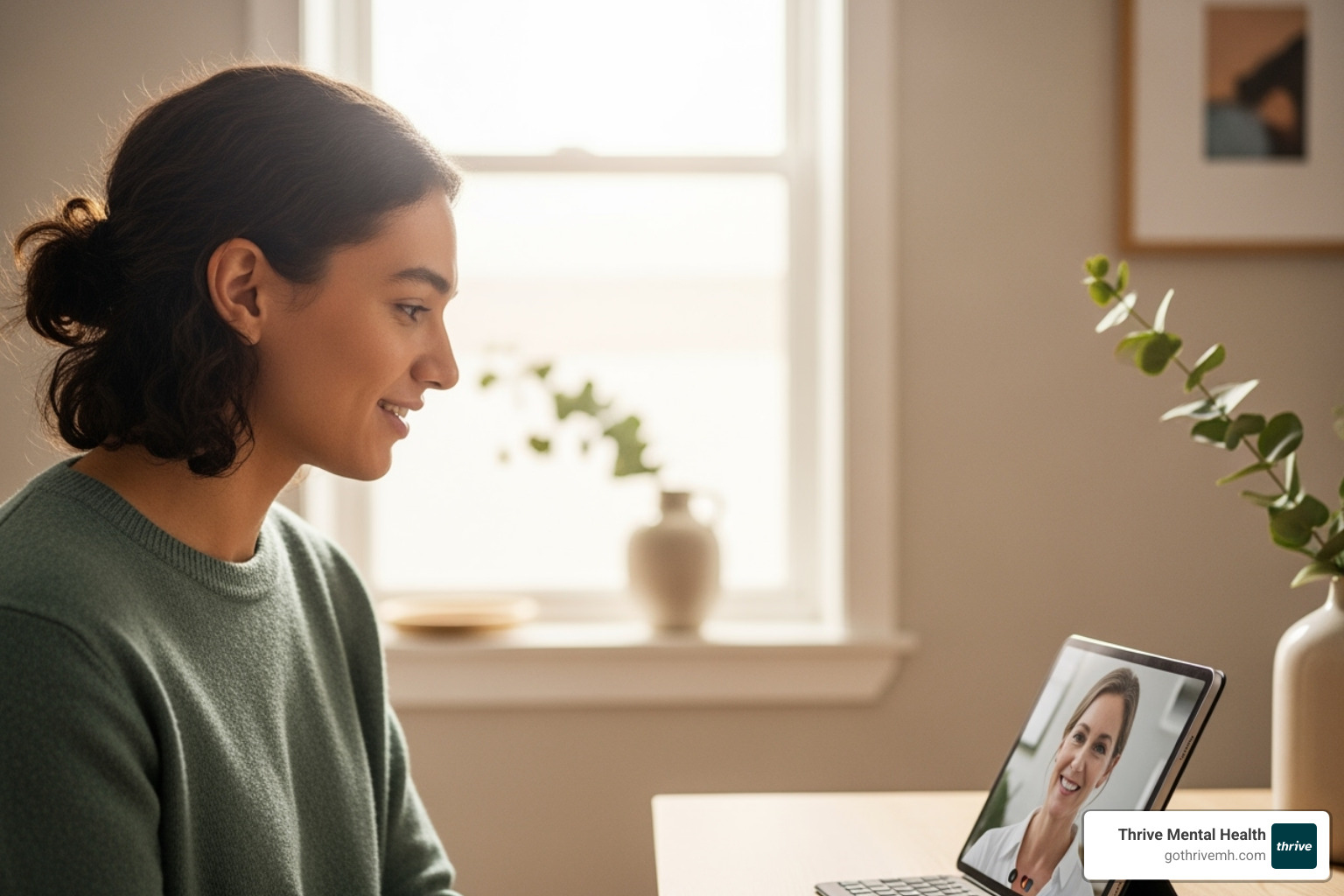 A young adult engaged in a warm, engaging video therapy session on a tablet, with natural light filtering in from a window, suggesting comfort and privacy. - therapy for adults
