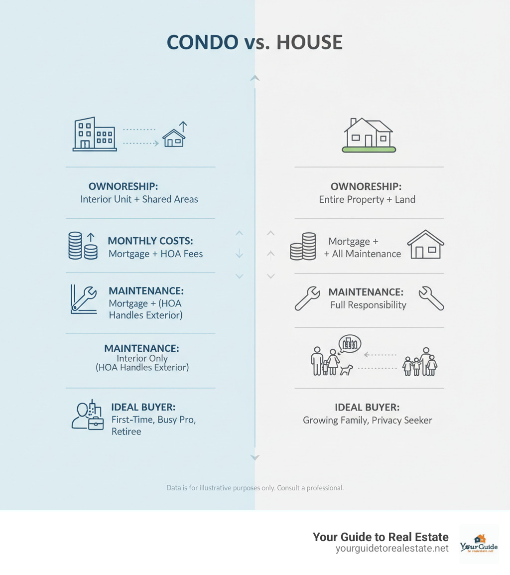 Infographic comparing condo vs house ownership showing ownership structure, typical monthly costs breakdown, maintenance responsibilities, and ideal buyer profiles for each property type - condo vs house infographic 