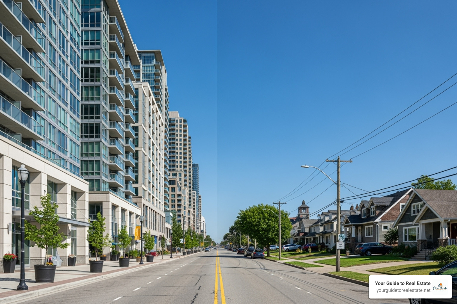 City street with modern condo buildings on one side and a suburban neighborhood with single-family houses on the other - condo vs house