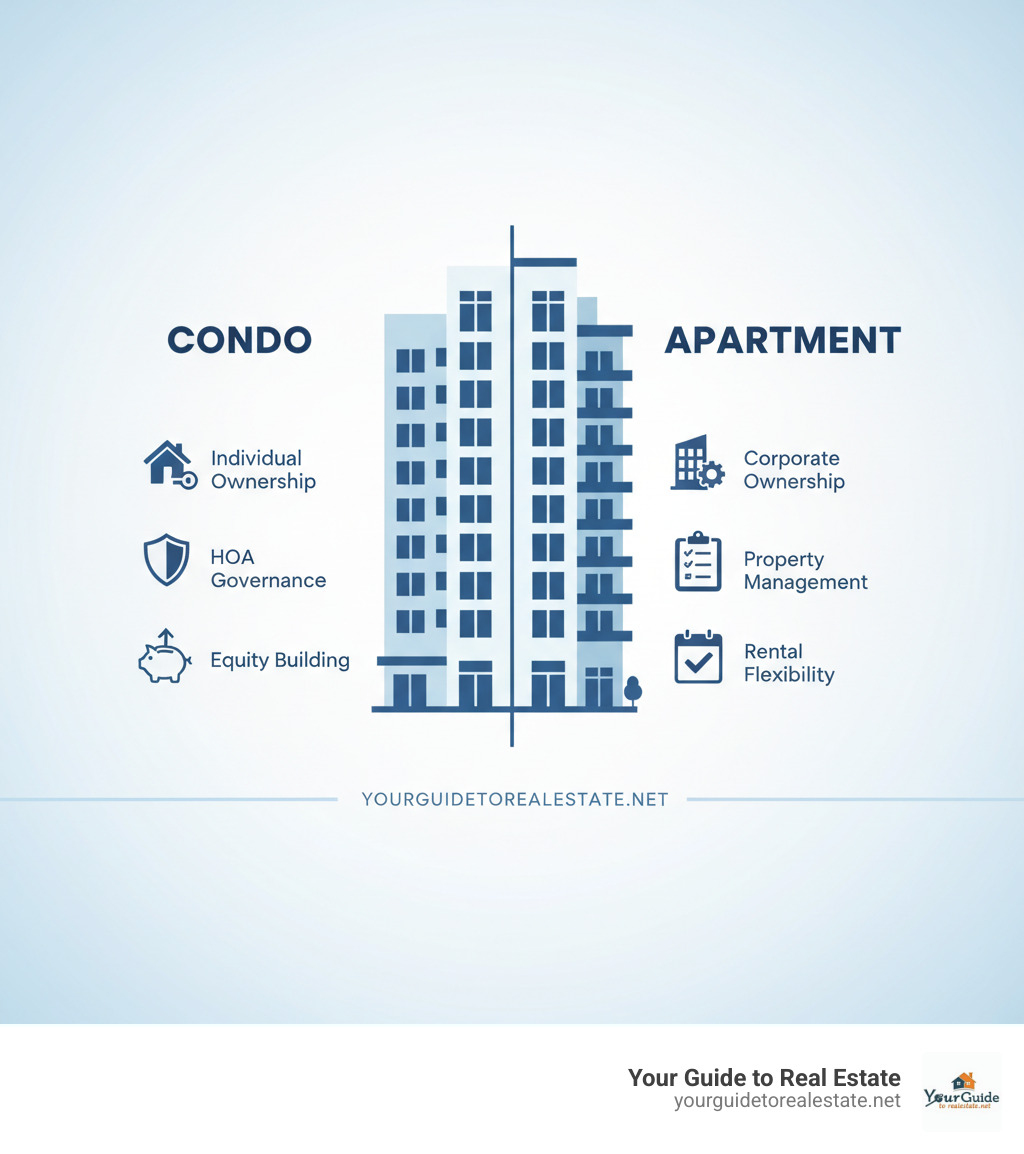 Infographic showing a split building with one side labeled "CONDO" featuring individual ownership, HOA governance, and equity building, and the other side labeled "APARTMENT" featuring corporate ownership, property management, and rental flexibility - what is the difference between a condo and an apartment infographic 