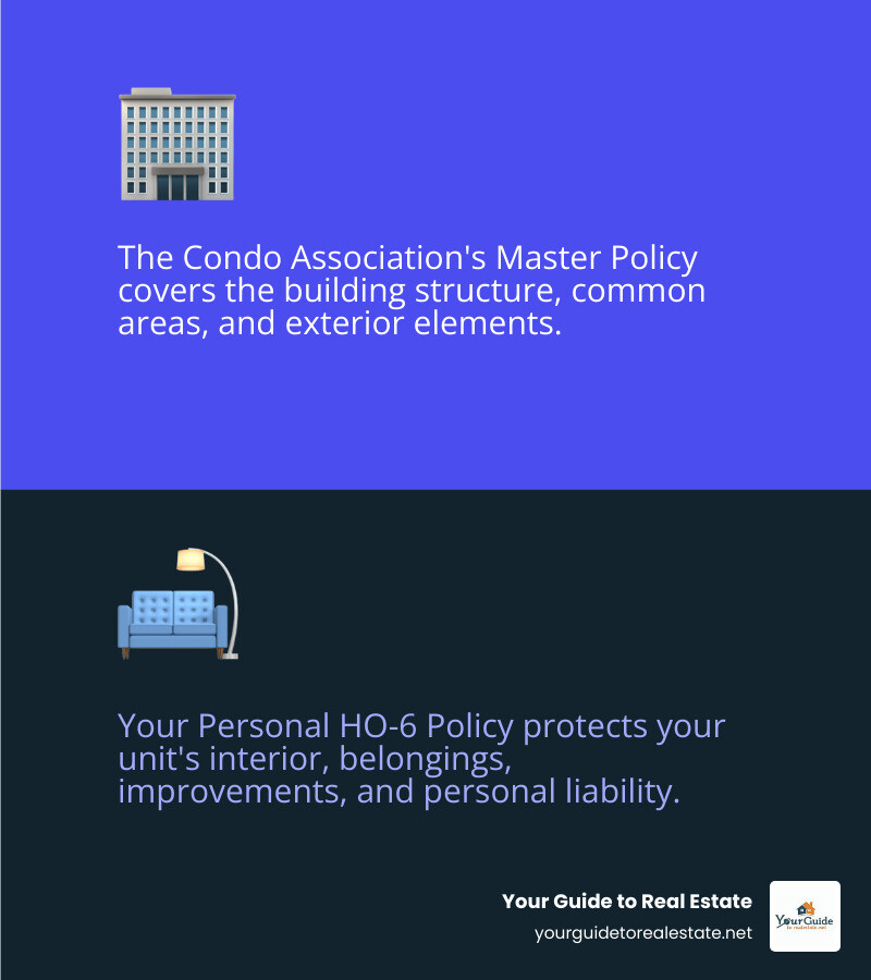 Infographic showing the split between condo association master policy covering building exterior, common areas, and structure versus personal condo insurance covering interior walls, personal belongings, improvements, and liability protection - condo insurance rates infographic 2_facts_emoji_blue