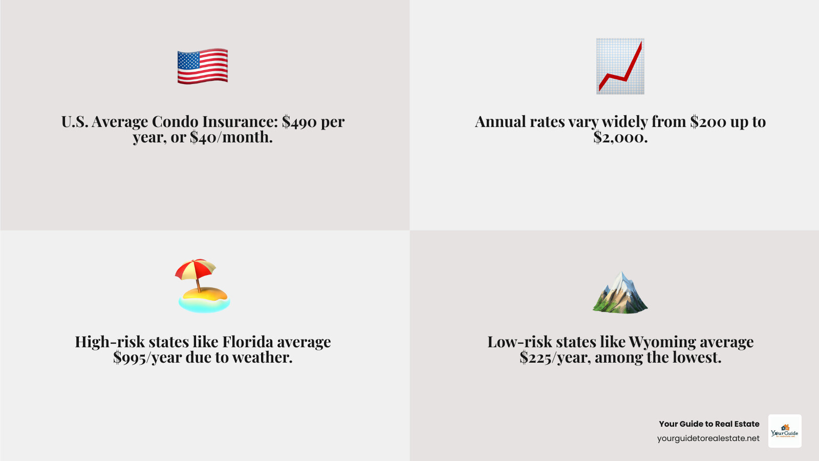 Infographic showing average condo insurance costs by state, highlighting the most and least expensive regions - condo insurance rates infographic 4_facts_emoji_grey