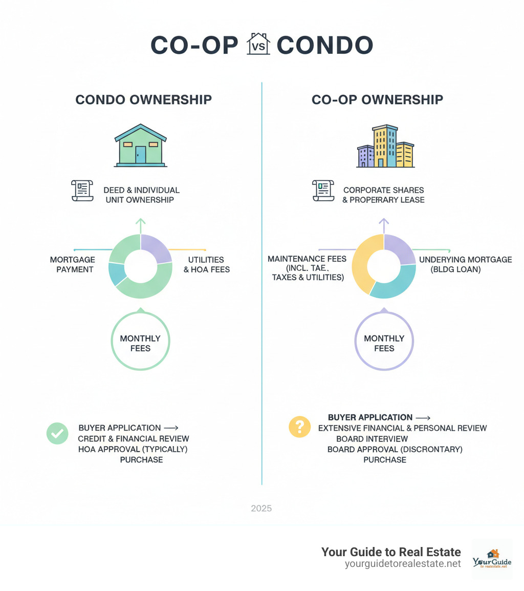 Detailed comparison infographic showing condo ownership with deed and individual unit ownership versus co-op ownership with corporate shares and proprietary lease, including visual representations of monthly fee structures and approval processes - co op vs condo infographic 