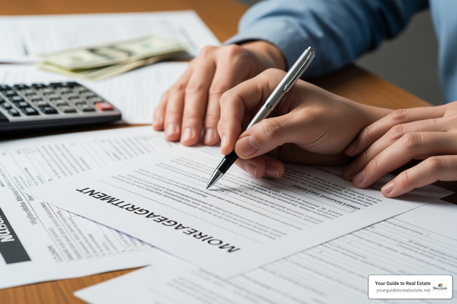 A person's hands signing mortgage documents, with a pen and financial papers spread out on a table - co op vs condo