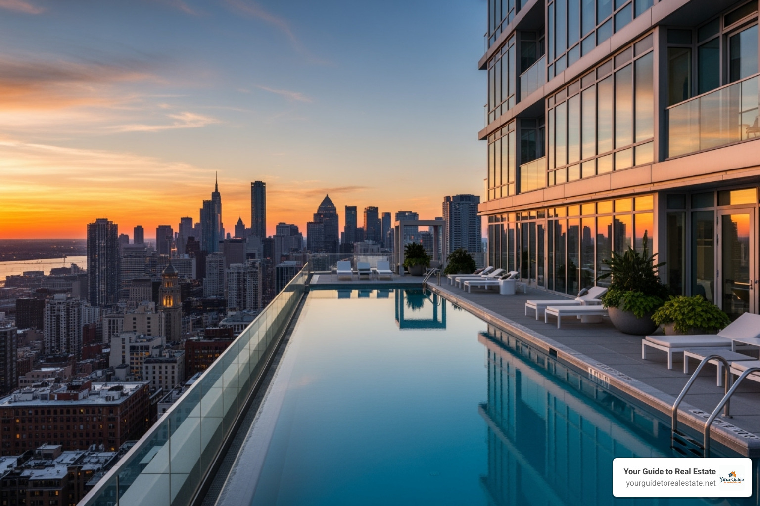 A sleek, modern luxury condo building with a stunning rooftop pool overlooking a cityscape at sunset - co op vs condo