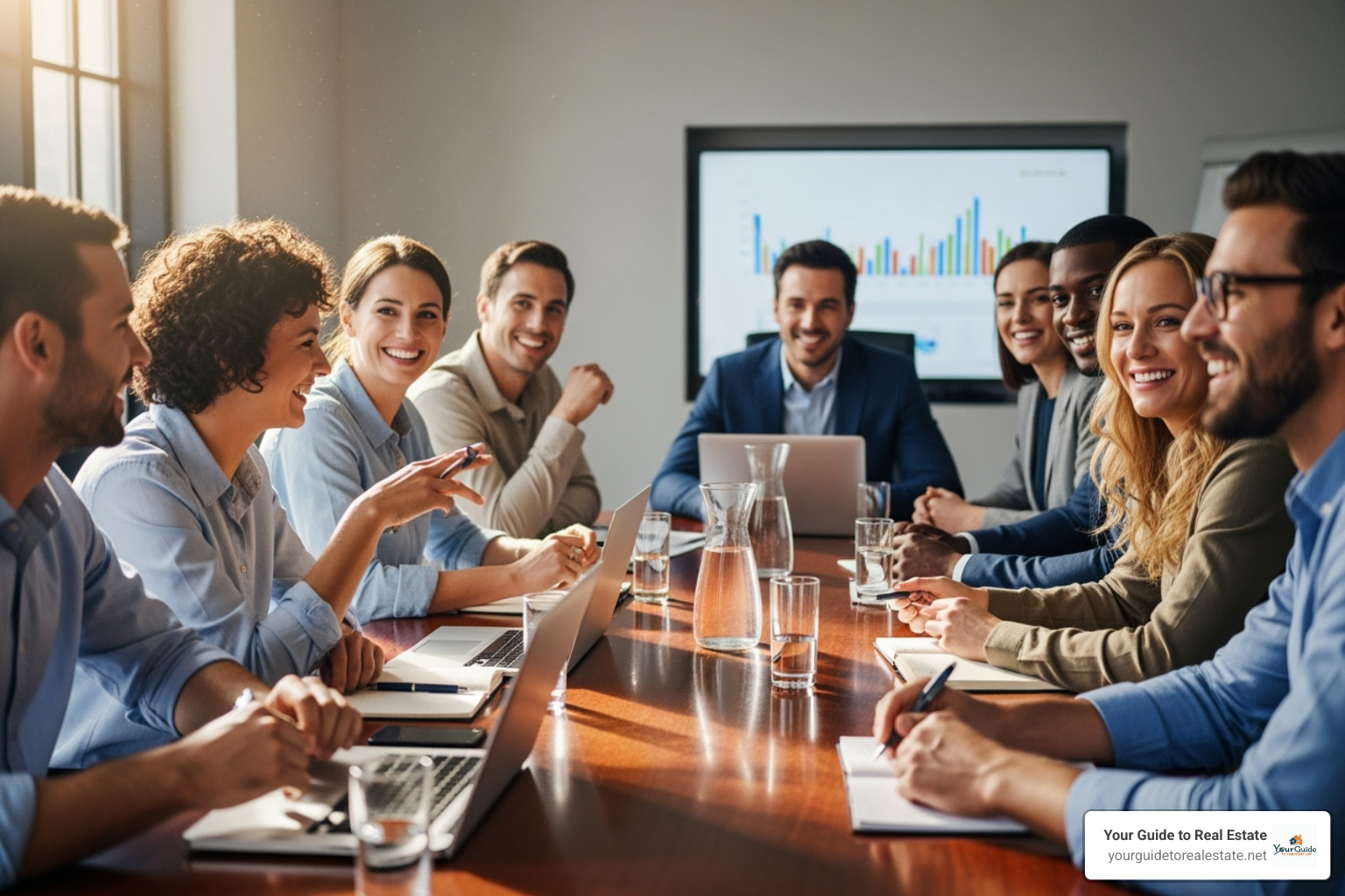 A diverse group of people sitting around a conference table, smiling and engaged in discussion, representing a friendly board meeting - co op vs condo