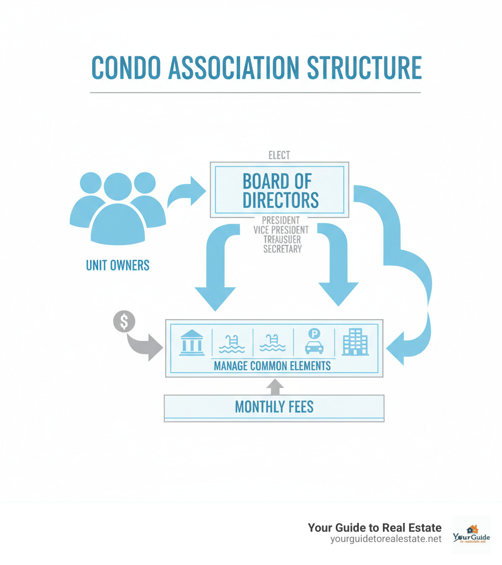 Infographic showing condo association structure: Unit owners elect a Board of Directors (President, Vice President, Treasurer, Secretary) who manage common elements including lobbies, pools, parking areas, and building exteriors, funded by monthly fees from all owners - condo association infographic Infographic showing condo association structure: Unit owners elect a Board of Directors (President, Vice President, Treasurer, Secretary) who manage common elements including lobbies, pools, parking areas, and building exteriors, funded by monthly fees from all owners - condo association infographic