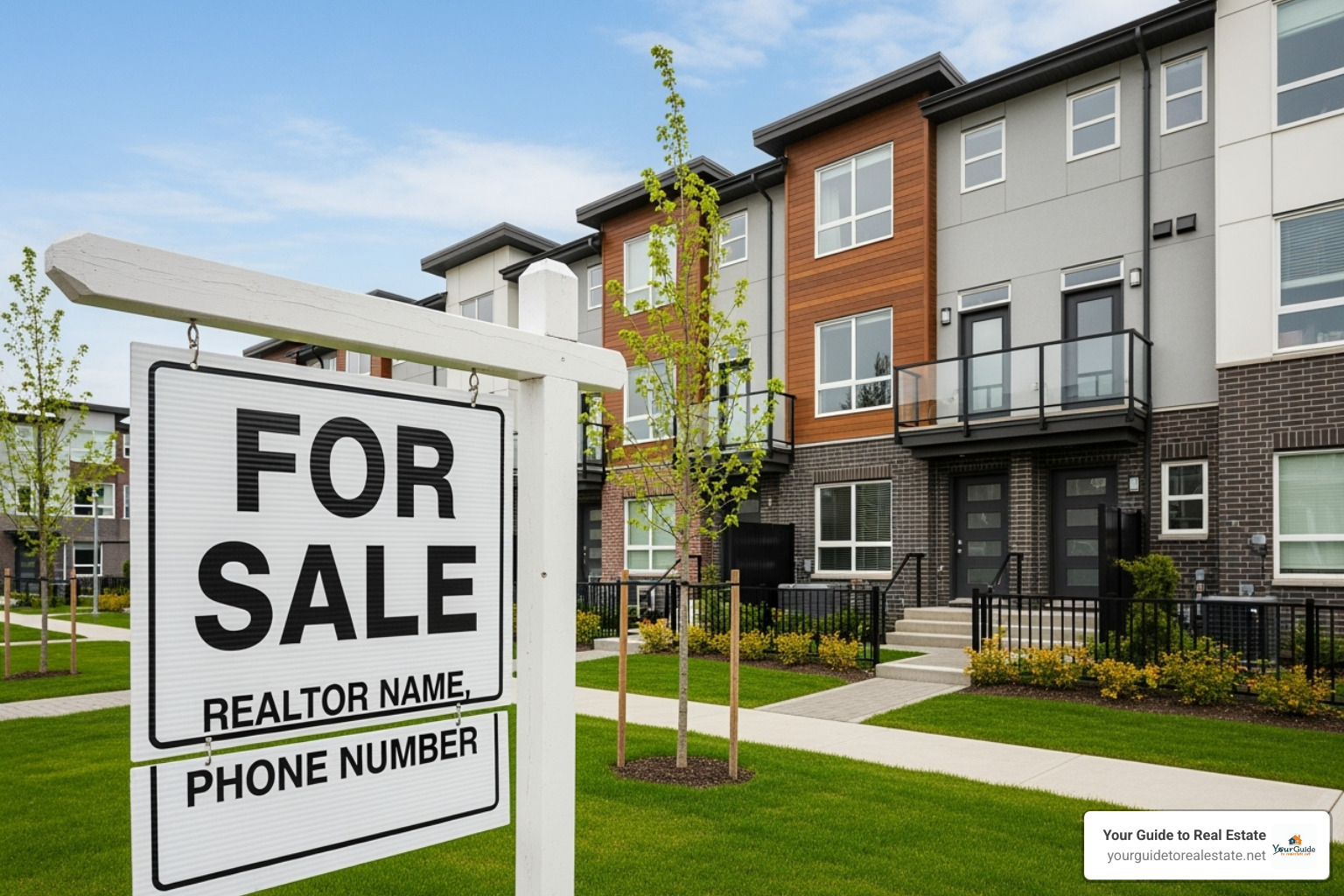 For Sale sign in front of a stylish townhouse community - what's the difference between a condo and a townhouse