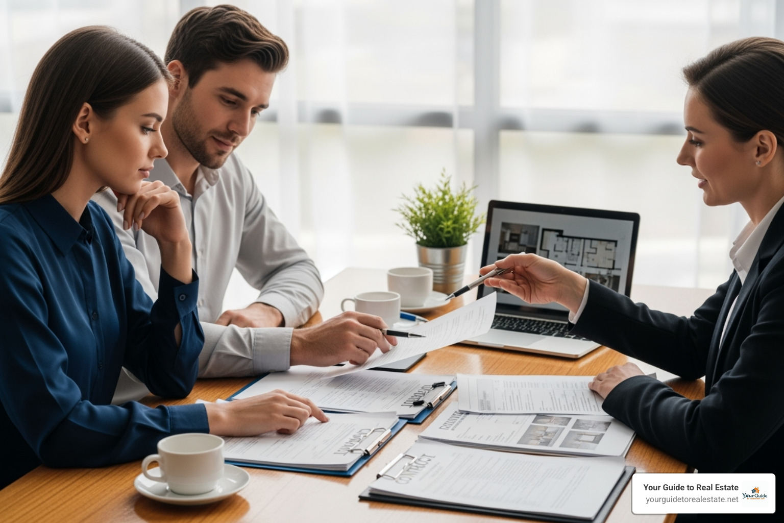 young couple reviewing documents with a real estate agent - what's the difference between a condo and a townhouse