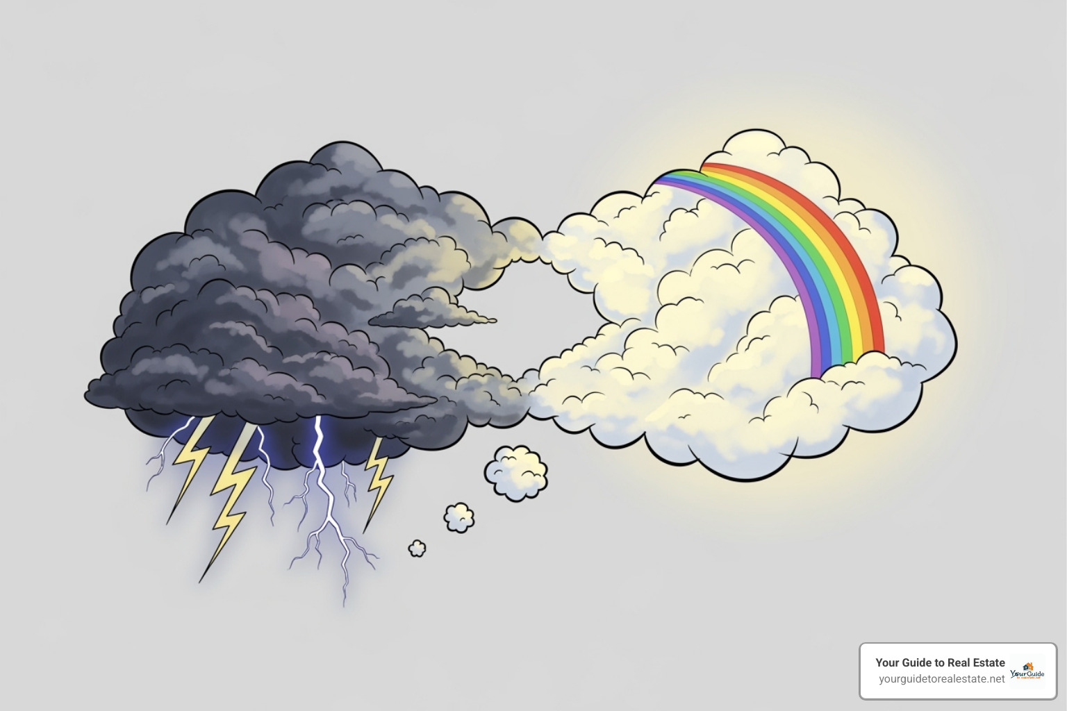 A thought bubble changing from a stormy cloud with lightning to a bright sun with a rainbow - cognitive appraisal