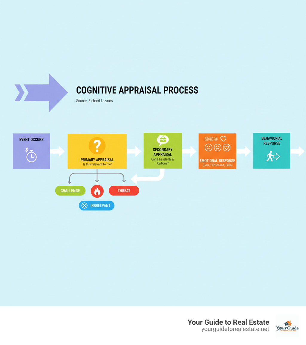 Infographic showing the cognitive appraisal process: Event occurs → Primary Appraisal (Is this relevant to me? Threat, Challenge, or Irrelevant?) → Secondary Appraisal (Can I handle this? What are my options?) → Emotional Response (Fear, Excitement, Calm, etc.) → Behavioral Response - cognitive appraisal infographic 