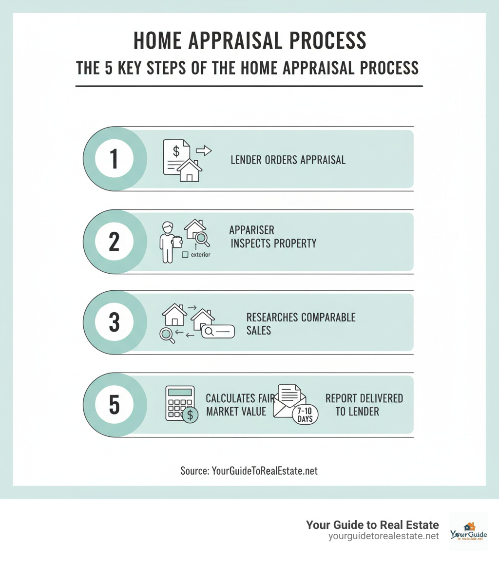 Infographic showing the 5 key steps of the home appraisal process: 1) Lender orders appraisal after loan application, 2) Licensed appraiser inspects property interior and exterior, 3) Appraiser researches comparable sales in the area, 4) Appraiser calculates fair market value using multiple approaches, 5) Final appraisal report delivered to lender within 7-10 days - how much does an appraisal cost infographic 