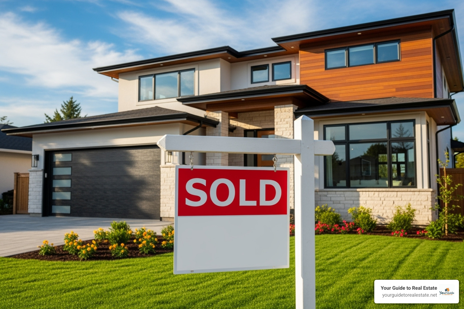 A "SOLD" sign prominently displayed in front of a modern, attractive home. - appraisal contingency