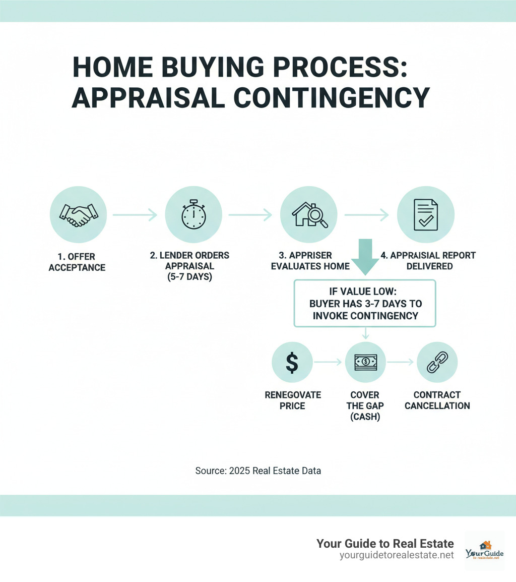Detailed infographic showing the home buying process with appraisal contingency timeline: offer acceptance, lender orders appraisal within 5-7 days, licensed appraiser conducts evaluation, appraisal report delivered, buyer has 3-7 days to invoke contingency if value is low, leading to either renegotiation, covering the gap, or contract cancellation - appraisal contingency infographic 