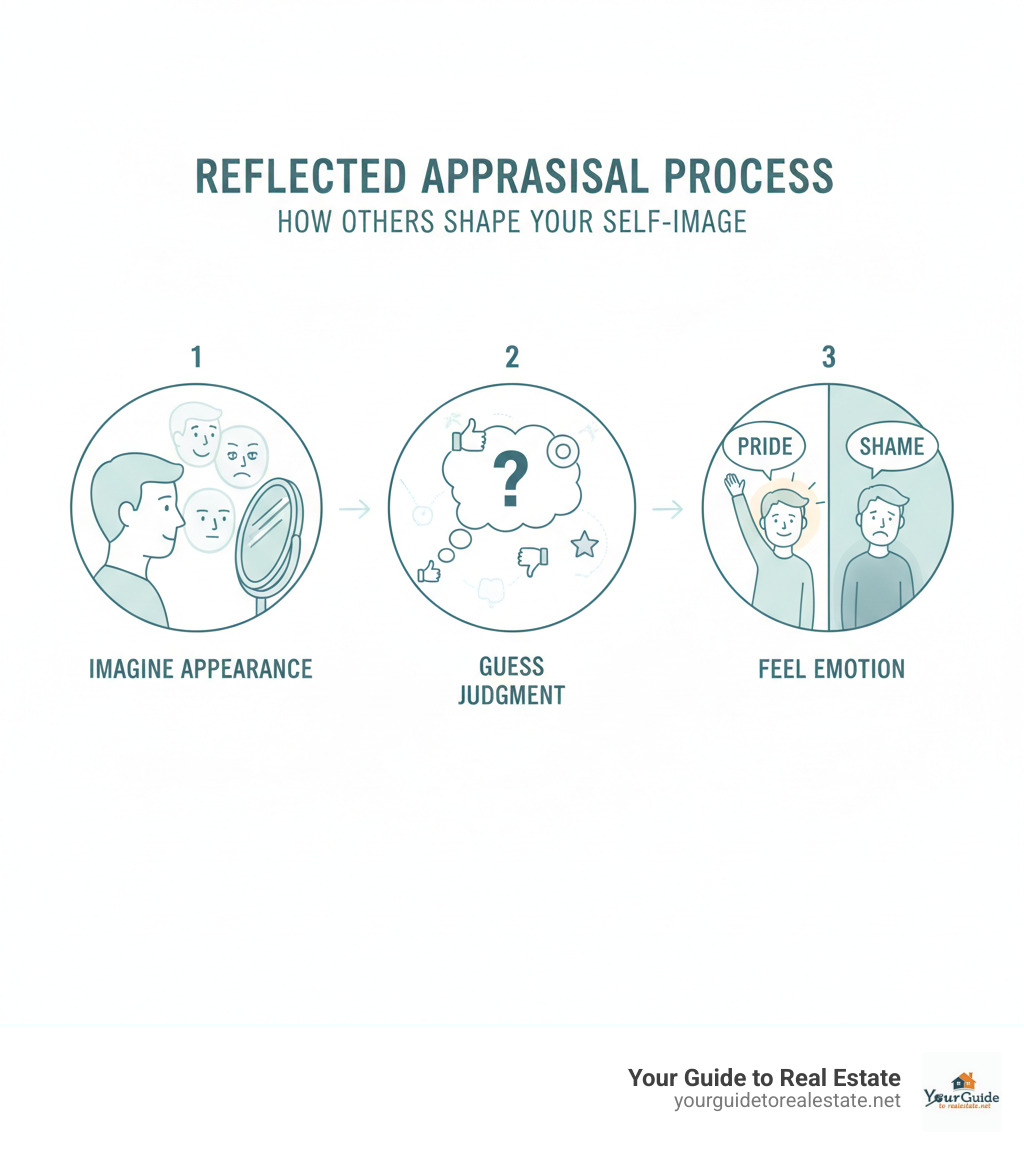 Infographic showing the three-step process of reflected appraisal: person looking in mirror seeing others' faces, thought bubble with judgment, and resulting emotional response of pride or shame - reflected appraisal infographic Infographic showing the three-step process of reflected appraisal: person looking in mirror seeing others' faces, thought bubble with judgment, and resulting emotional response of pride or shame - reflected appraisal infographic