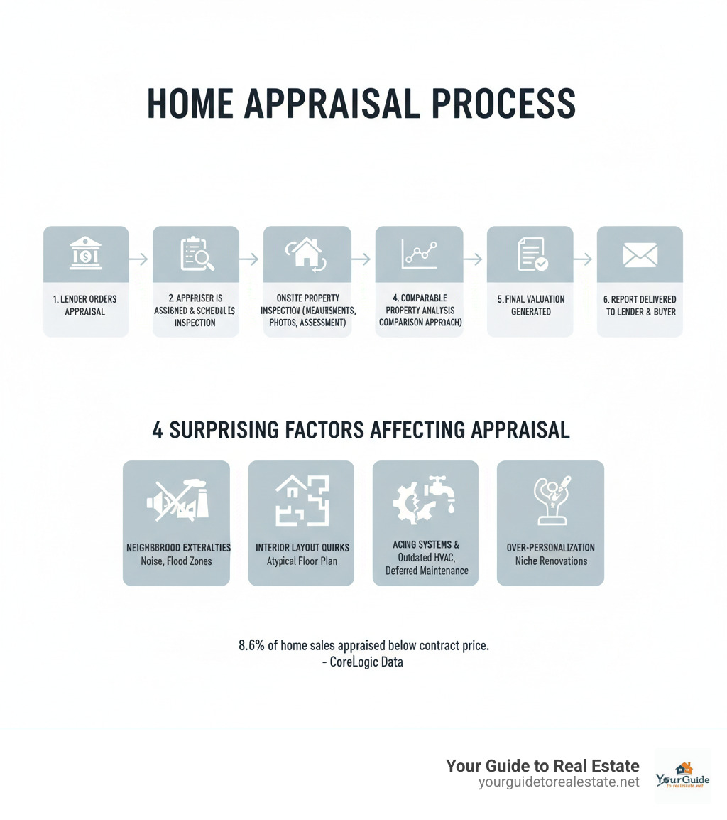 Infographic showing the home appraisal process from lender ordering the appraisal through comparable property analysis to final valuation report delivery - 4 surprising factors that can affect a home appraisal infographic 