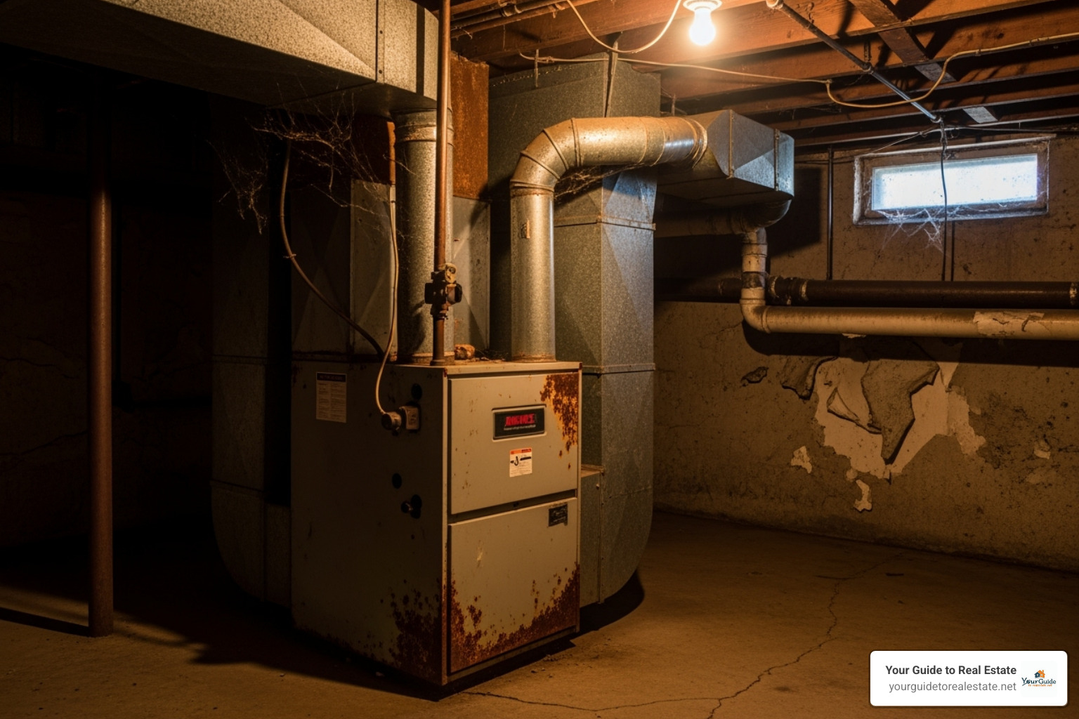 An old, rusty HVAC unit in a basement - 4 surprising factors that can affect a home appraisal
