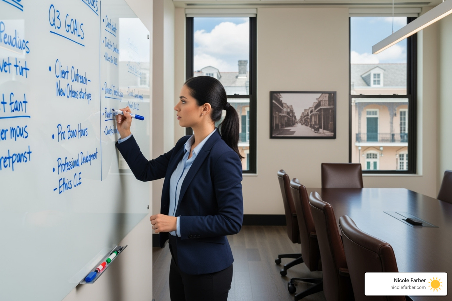 A lawyer writing goals on a whiteboard in a New Orleans conference room - attorney business development