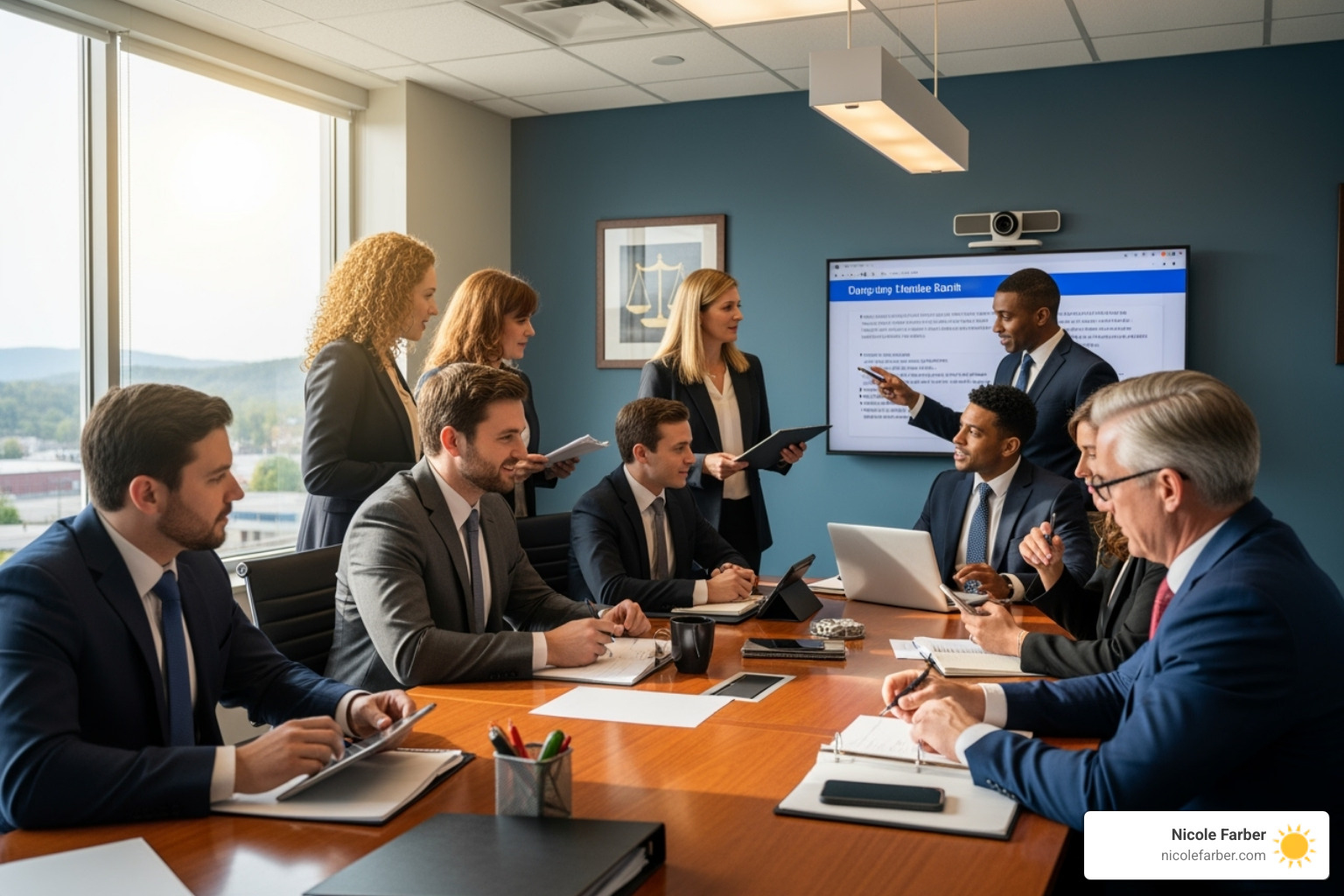 A diverse group of lawyers collaborating in a meeting in Luzerne County - attorney business development