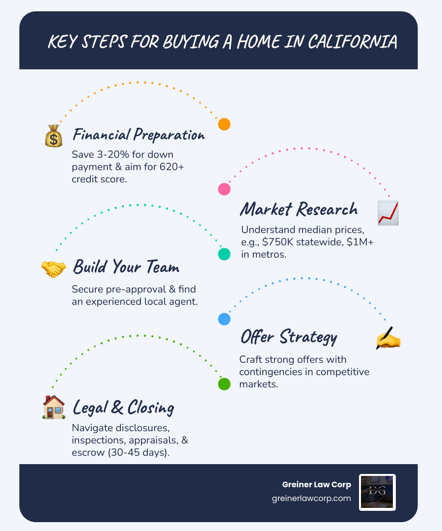 Infographic showing the California home buying process with 6 key steps: Financial Preparation showing down payment percentages and credit score requirements, Market Research displaying median home prices across major California regions, Professional Team highlighting the importance of pre-approval and local agents, Offer Strategy illustrating competitive market tactics and contingencies, Legal Compliance covering California-specific disclosure requirements and natural disaster considerations, and Closing Process showing typical timeline of 30-45 days with inspection and escrow steps - Buying a home California infographic infographic-line-5-steps-blues-accent_colors