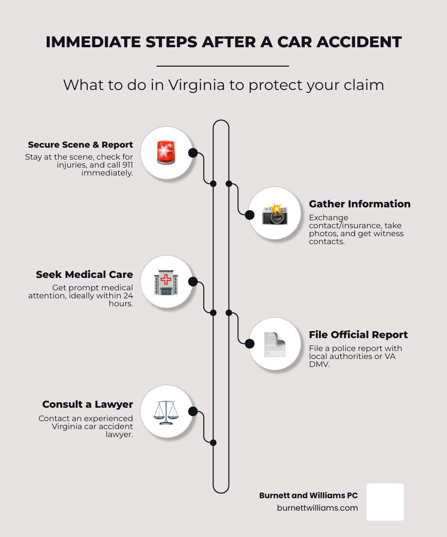 Infographic showing immediate steps after a car accident in Virginia: 1. Stay at scene and call 911, 2. Check for injuries and exchange information, 3. Document scene with photos, 4. Get witness contacts, 5. Seek medical attention within 24 hours, 6. Contact Virginia car accident lawyer, 7. File police report with Chesterfield County Police or Virginia DMV within required timeframe - Car accident lawyer Chesterfield infographic infographic-line-5-steps-neat_beige Infographic showing immediate steps after a car accident in Virginia: 1. Stay at scene and call 911, 2. Check for injuries and exchange information, 3. Document scene with photos, 4. Get witness contacts, 5. Seek medical attention within 24 hours, 6. Contact Virginia car accident lawyer, 7. File police report with Chesterfield County Police or Virginia DMV within required timeframe - Car accident lawyer Chesterfield infographic infographic-line-5-steps-neat_beige