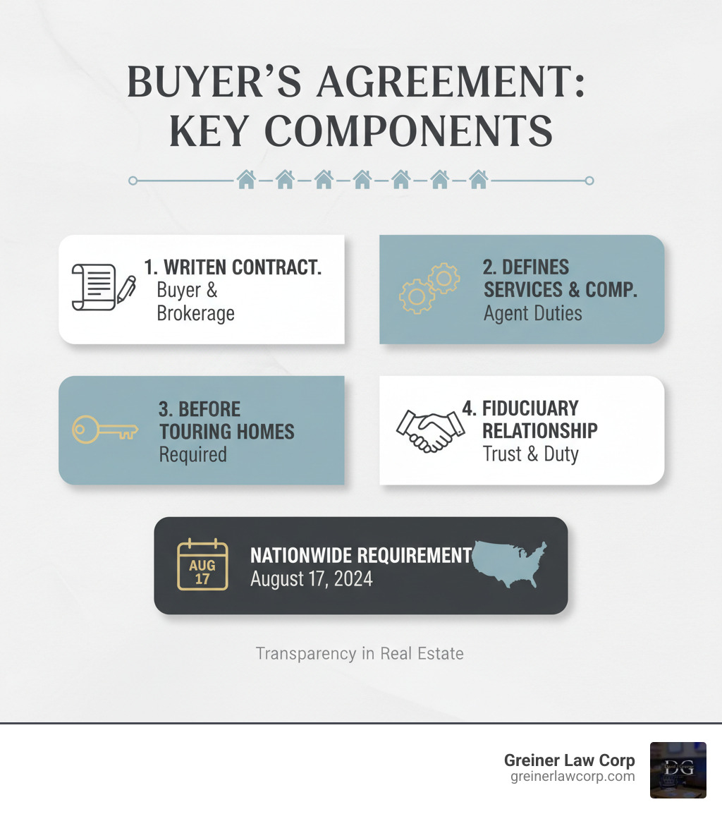 Infographic showing the key components of a buyer's agreement: written contract between buyer and brokerage, defines agent services and compensation, required before touring homes, creates fiduciary relationship, and became nationwide requirement August 17 2024 - what is a buyers agreement infographic 