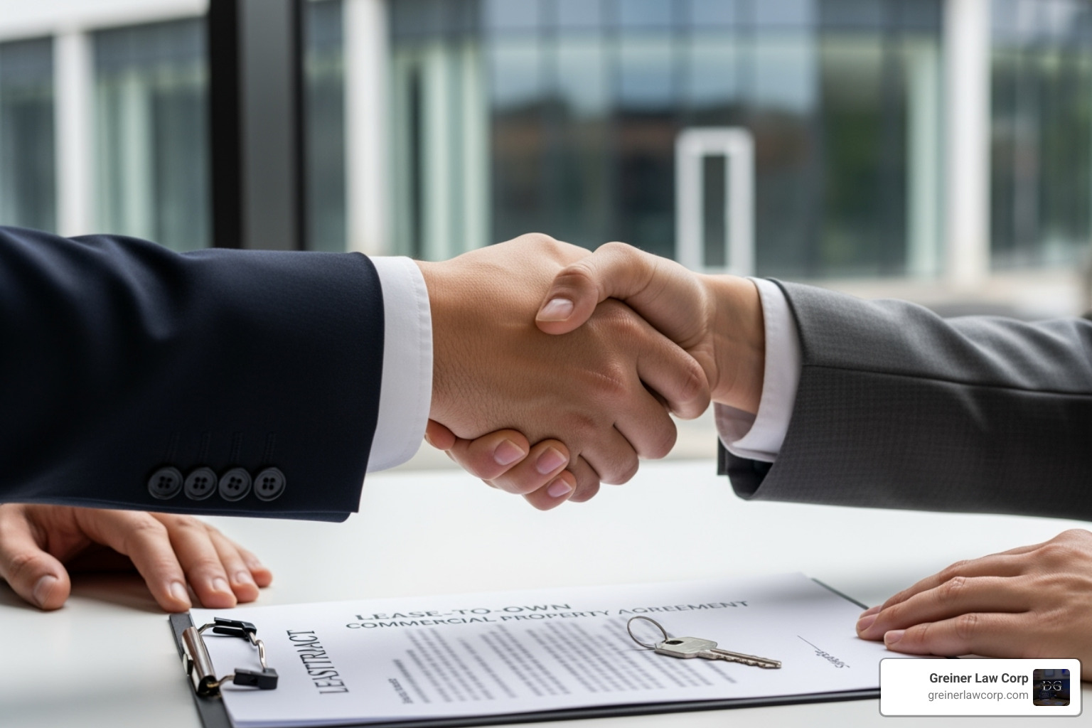 contract with a magnifying glass over key terms like "Option Fee" and "Purchase Price" - lease to own commercial property