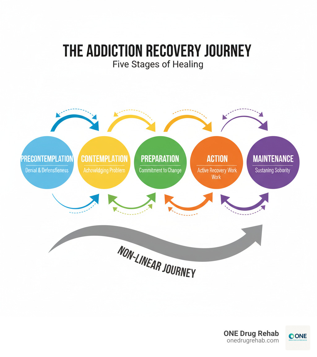 Infographic showing the five stages of addiction recovery: Precontemplation (denial and defensiveness), Contemplation (acknowledging the problem), Preparation (commitment to change), Action (active recovery work), and Maintenance (sustaining long-term sobriety), with arrows indicating the non-linear nature of moving between stages - addiction recovery journey infographic Infographic showing the five stages of addiction recovery: Precontemplation (denial and defensiveness), Contemplation (acknowledging the problem), Preparation (commitment to change), Action (active recovery work), and Maintenance (sustaining long-term sobriety), with arrows indicating the non-linear nature of moving between stages - addiction recovery journey infographic