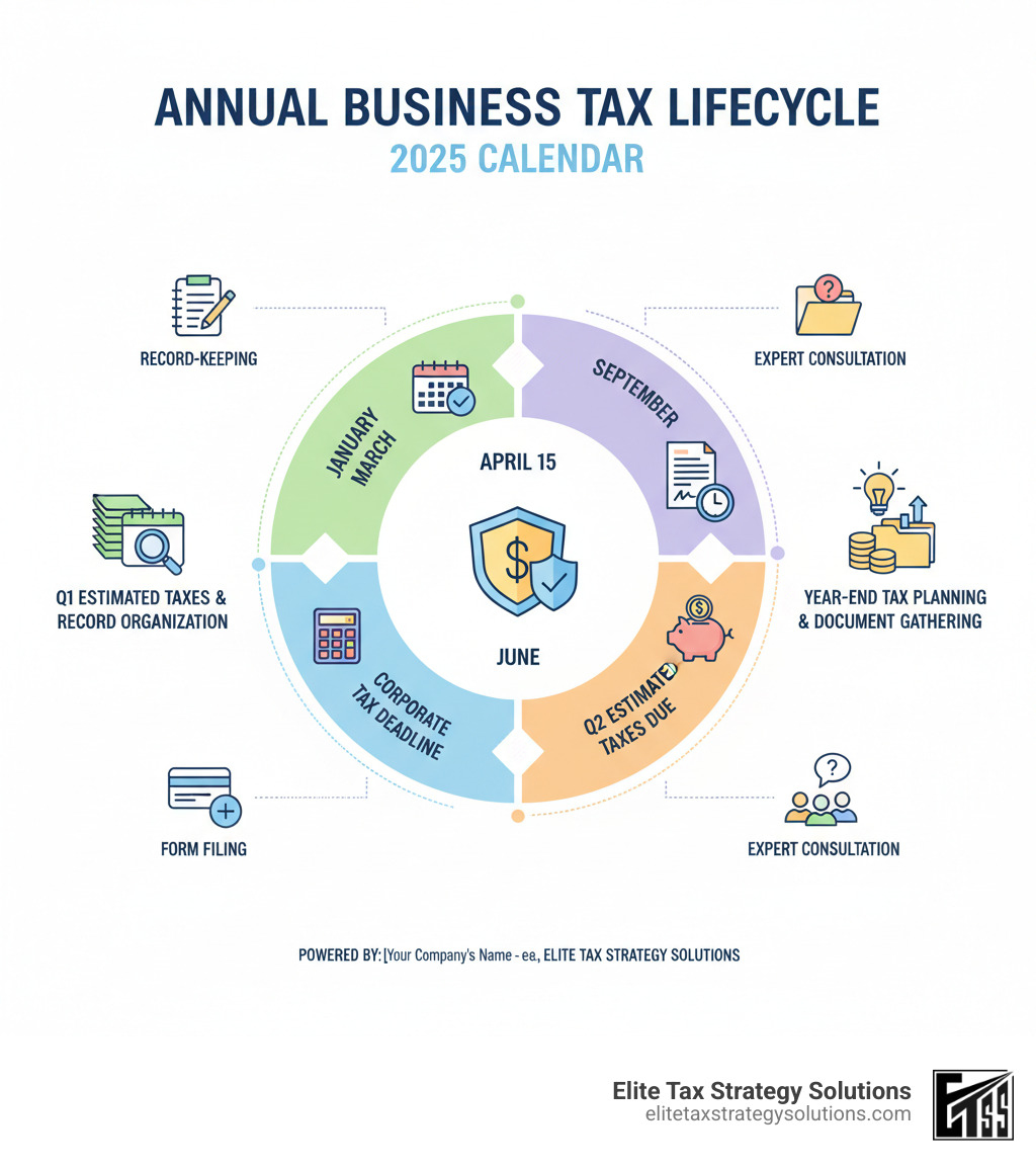 Comprehensive infographic showing the annual business tax lifecycle: January-March quarterly estimated payments and record organization, April corporate tax deadline, June second quarter estimated payments, September third quarter estimated payments, October-December year-end tax planning and document gathering, with icons for record-keeping, form filing, payment schedules, and professional consultation throughout the year - how to do business taxes infographic Comprehensive infographic showing the annual business tax lifecycle: January-March quarterly estimated payments and record organization, April corporate tax deadline, June second quarter estimated payments, September third quarter estimated payments, October-December year-end tax planning and document gathering, with icons for record-keeping, form filing, payment schedules, and professional consultation throughout the year - how to do business taxes infographic