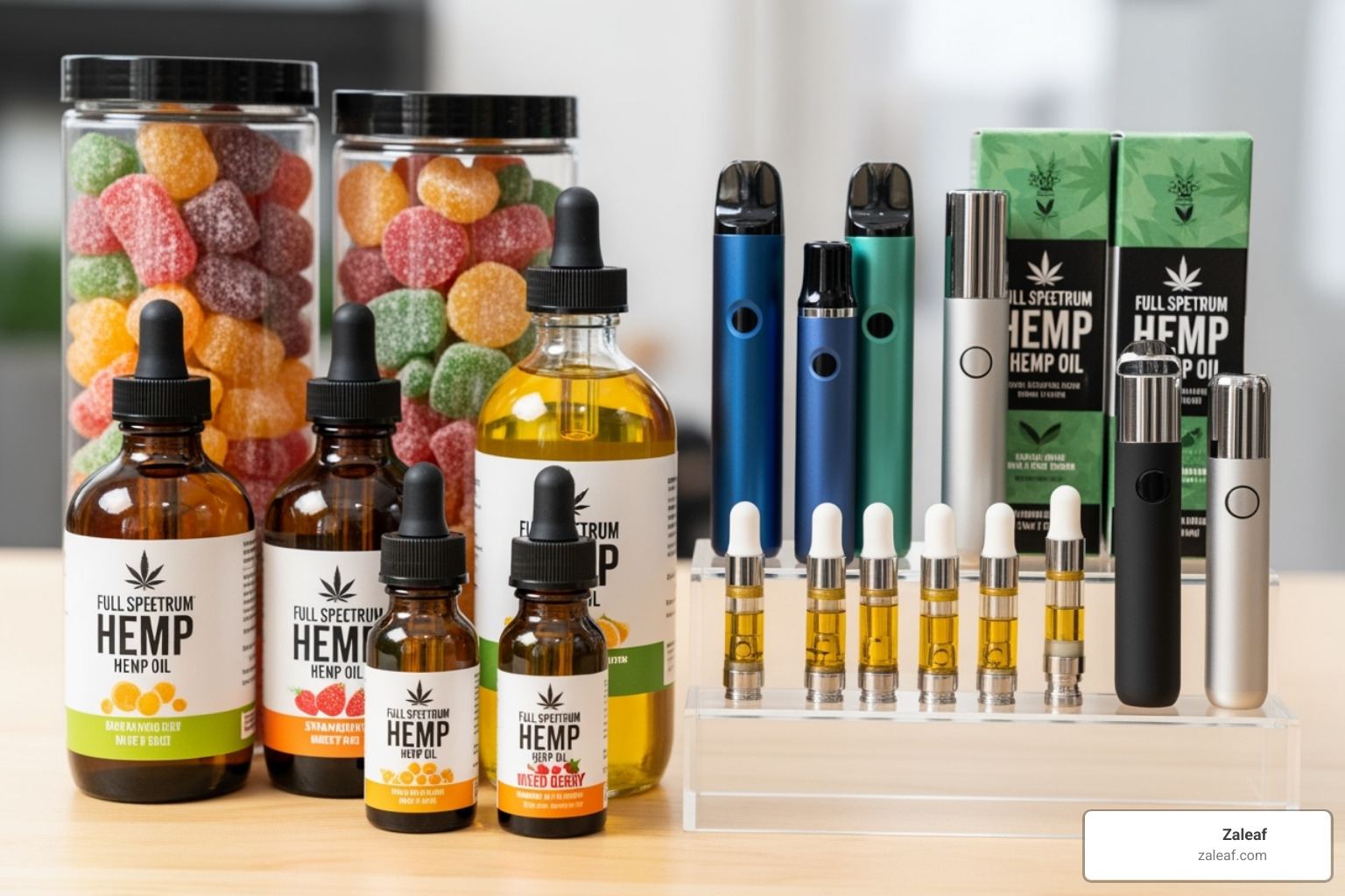 Various full spectrum hemp products on display, including bottled oils, colorful gummies, and sleek vape pens - full spectrum hemp