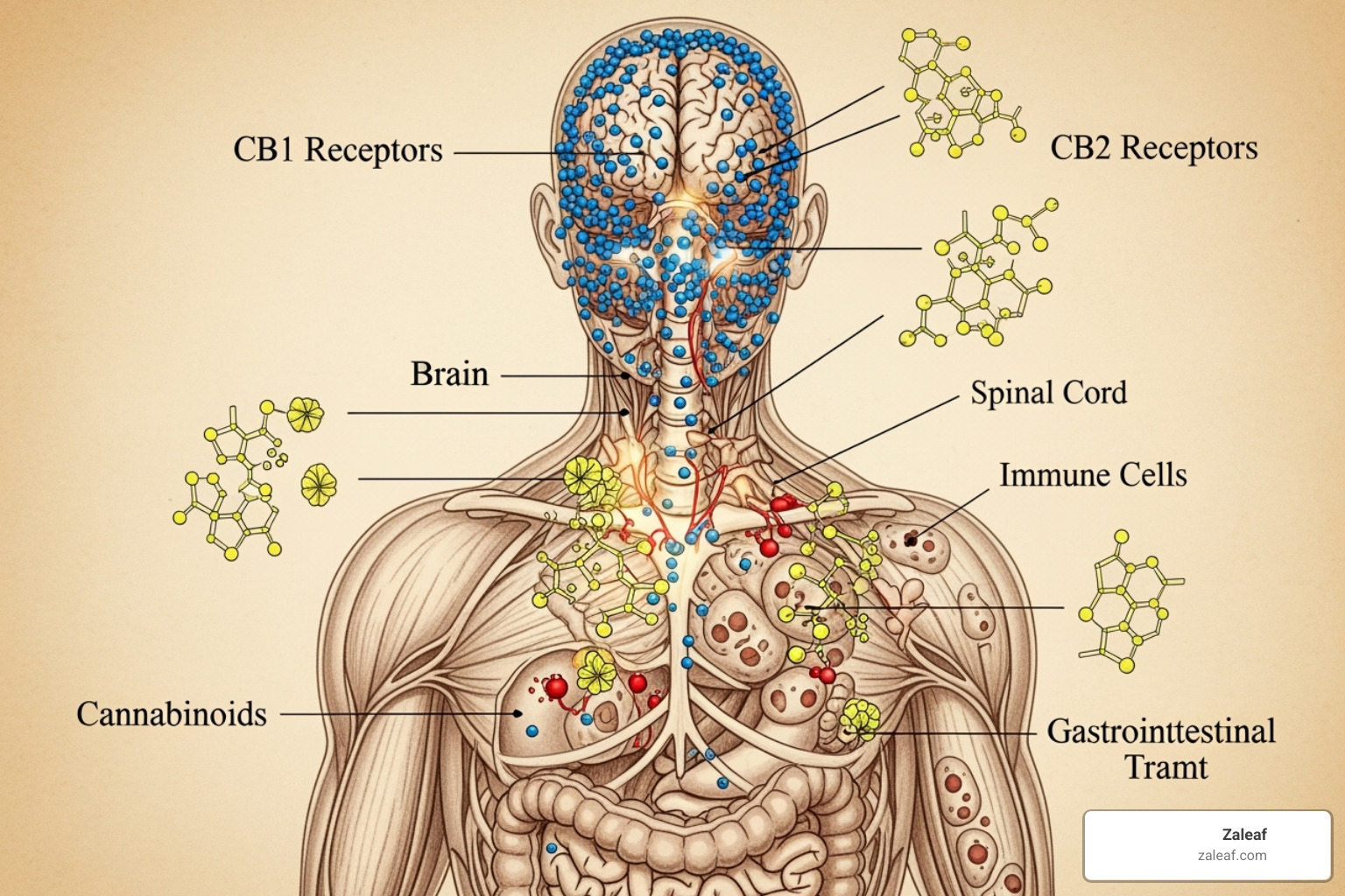 Illustration of the Endocannabinoid System showing CB1 and CB2 receptors throughout the body, interacting with cannabinoids - full spectrum hemp