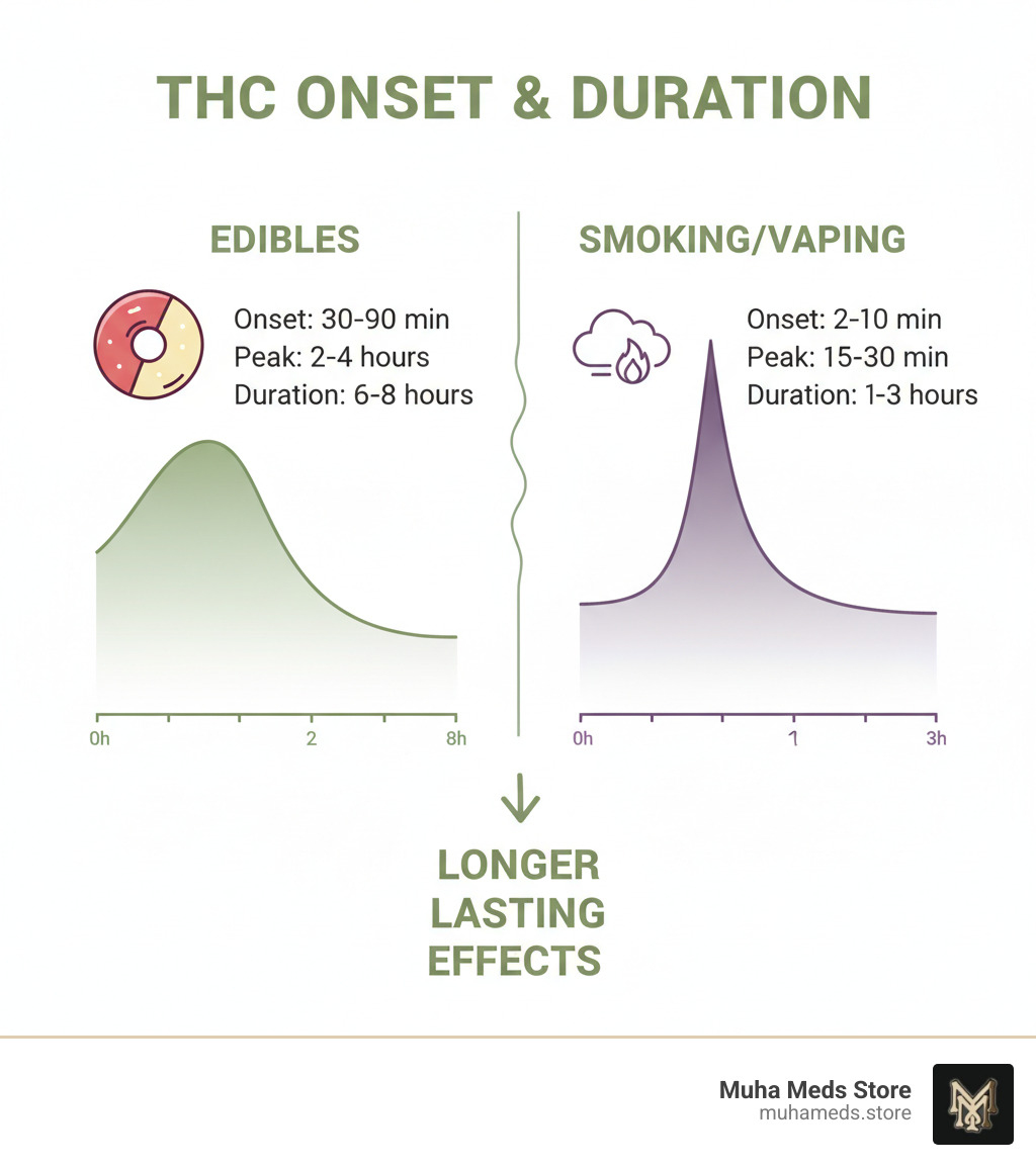 Detailed breakdown of THC edible onset times, peak effects, and duration compared to smoking cannabis, showing edibles lasting 6-8 hours versus 1-3 hours for smoking - Buy Flav Rings Cherry Sour Gummy Bites THC Edible – 600mg infographic 