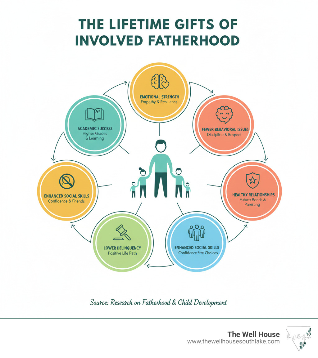 Comprehensive infographic showing the long-term benefits of involved fatherhood including improved academic performance in children, reduced behavioral problems, stronger emotional development, decreased rates of substance abuse, lower juvenile delinquency, improved social skills, and positive impacts on children's future relationships and parenting abilities - Parenting support for dads infographic  Comprehensive infographic showing the long-term benefits of involved fatherhood including improved academic performance in children, reduced behavioral problems, stronger emotional development, decreased rates of substance abuse, lower juvenile delinquency, improved social skills, and positive impacts on children's future relationships and parenting abilities - Parenting support for dads infographic