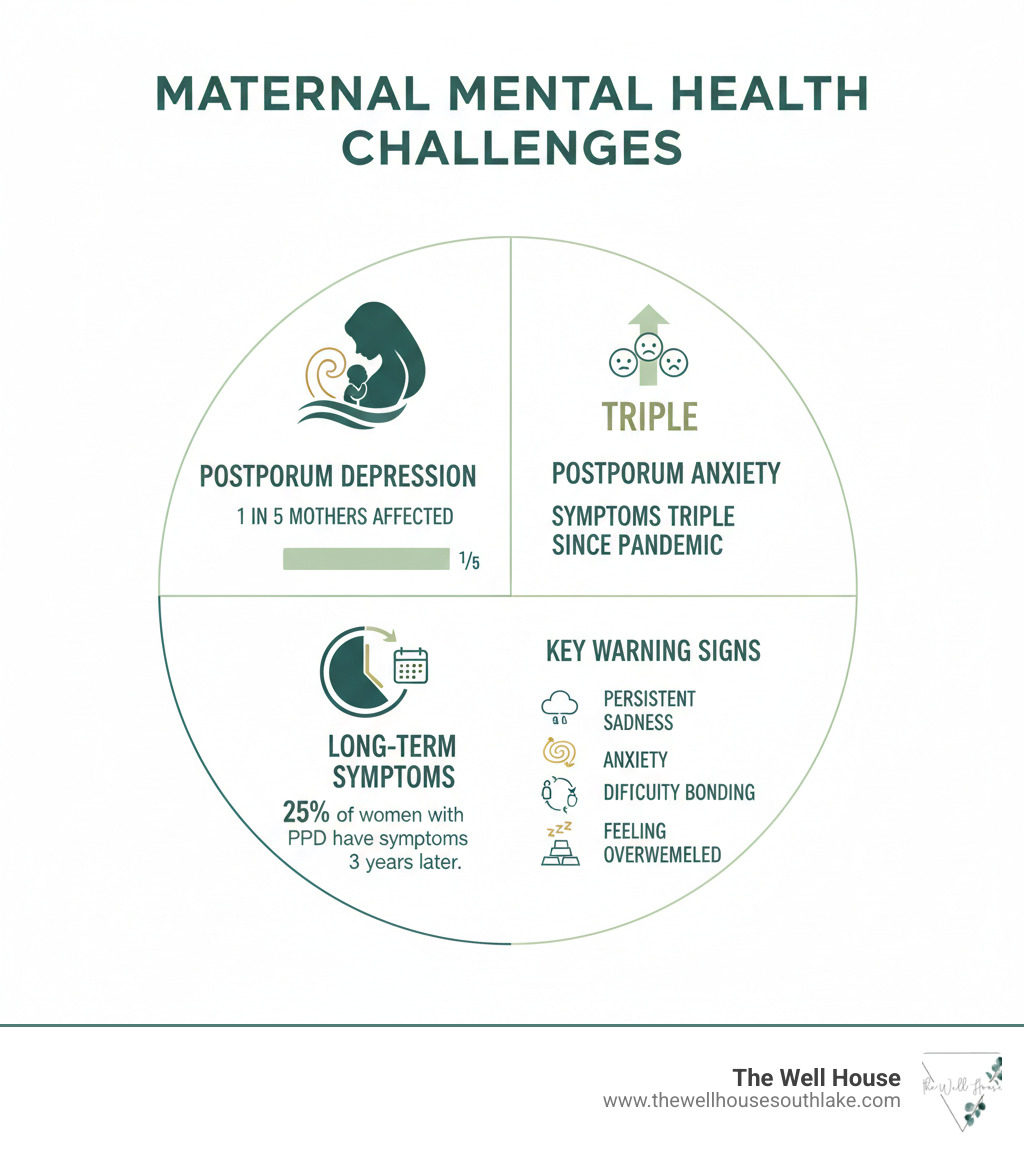 Infographic showing common maternal mental health challenges including postpartum depression affecting 1 in 5 mothers, postpartum anxiety symptoms tripling since pandemic, 25% of women with PPD having symptoms 3 years later, and key warning signs like persistent sadness, anxiety, difficulty bonding, sleep changes, and feeling overwhelmed - counseling for moms infographic  Infographic showing common maternal mental health challenges including postpartum depression affecting 1 in 5 mothers, postpartum anxiety symptoms tripling since pandemic, 25% of women with PPD having symptoms 3 years later, and key warning signs like persistent sadness, anxiety, difficulty bonding, sleep changes, and feeling overwhelmed - counseling for moms infographic