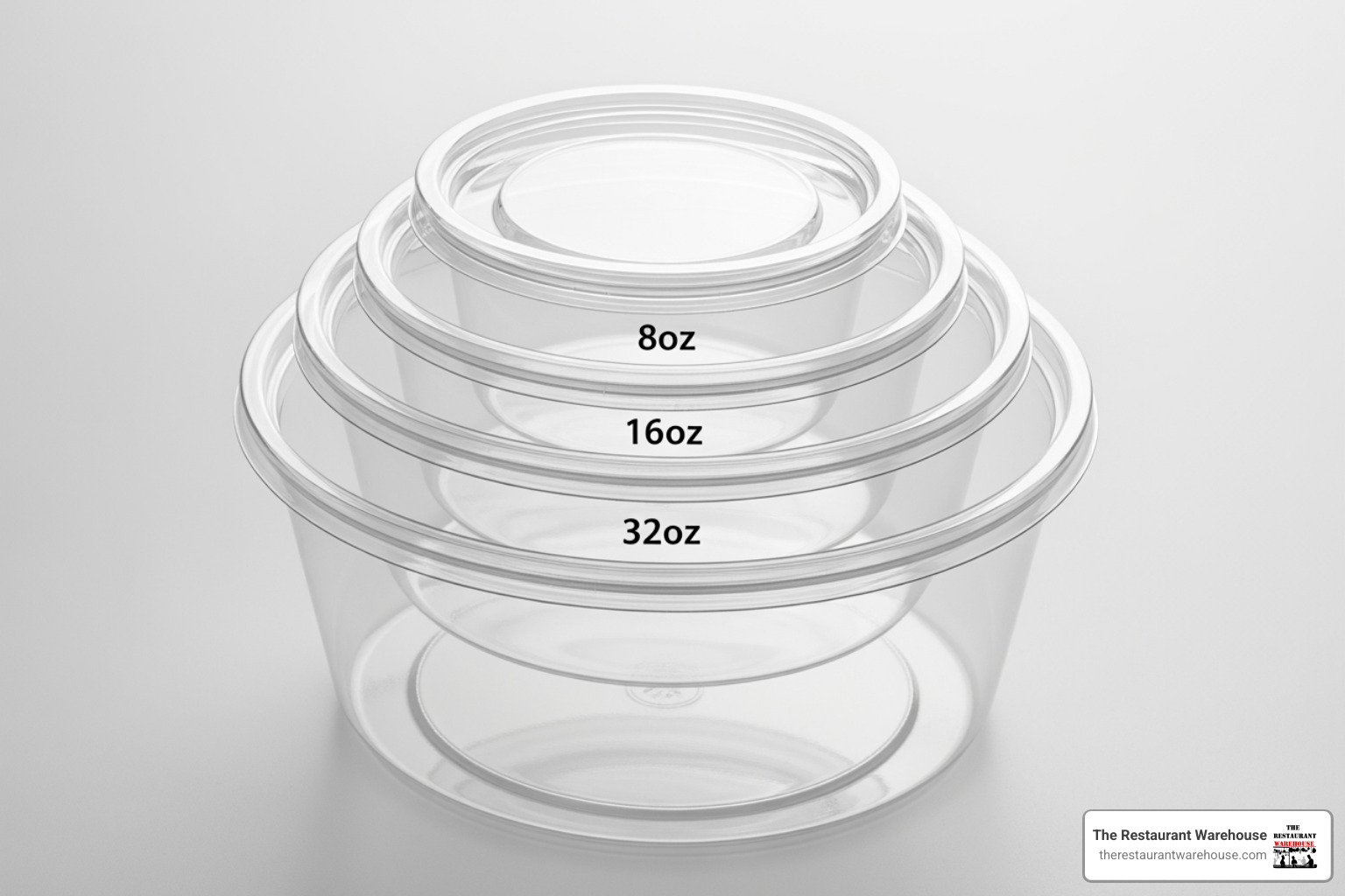 Neatly stacked deli containers of various sizes (8oz, 16oz, 32oz) demonstrating their space-saving stackability - Deli containers wholesale