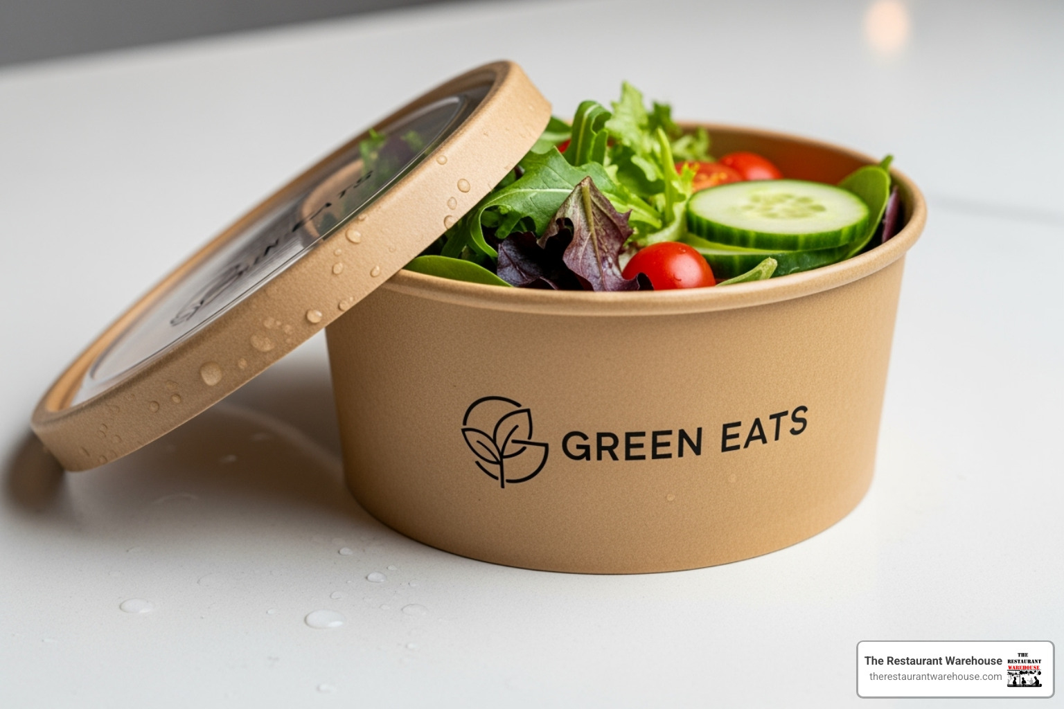 Custom-printed compostable deli container featuring a modern restaurant's logo - Deli containers wholesale