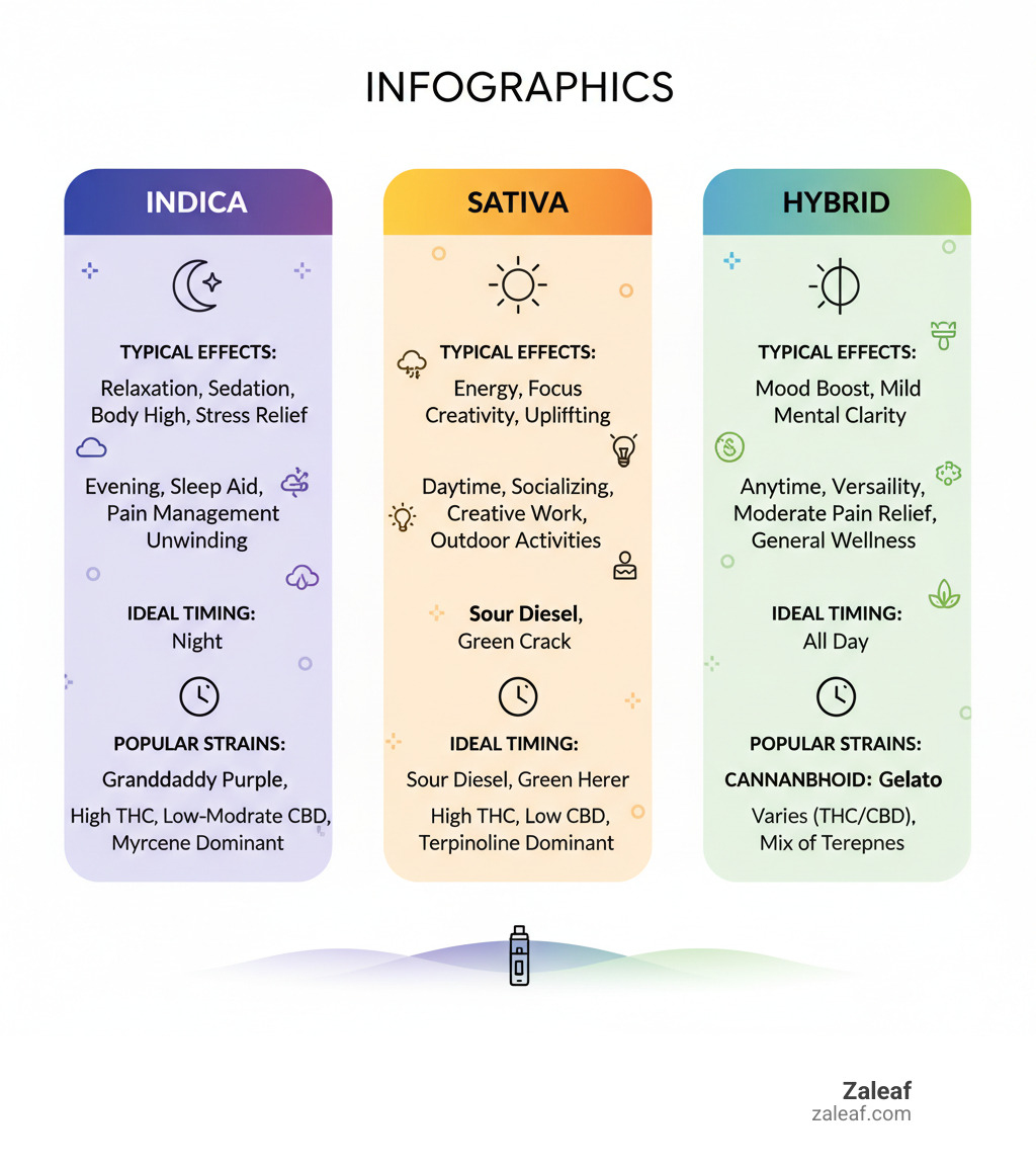 Detailed comparison infographic showing three columns for Indica, Sativa, and Hybrid vape pens with their typical effects, best use cases, ideal timing, popular strains, and cannabinoid profiles - indica hybrid sativa vape pen infographic 