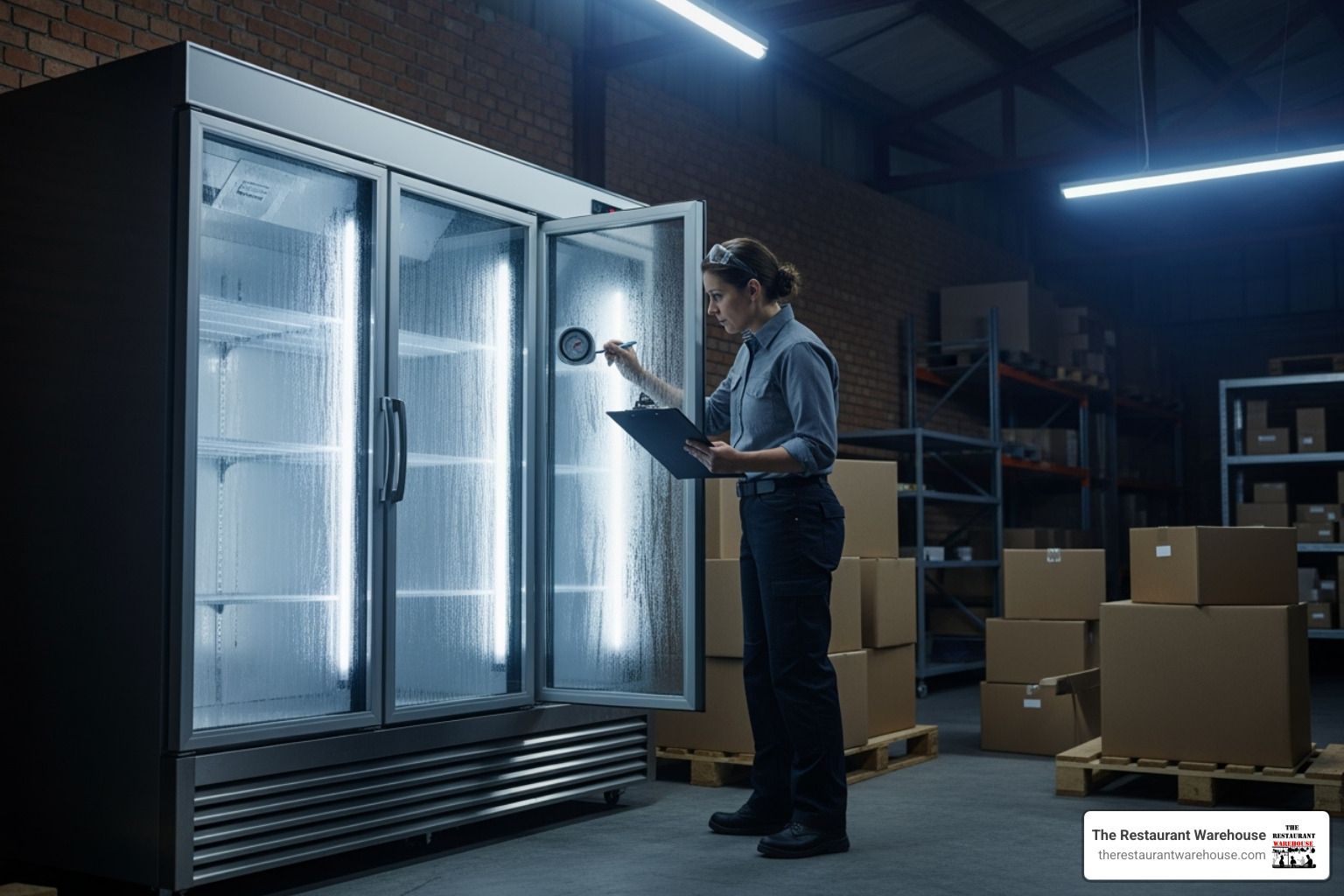 Person evaluating a used three-door cooler with a checklist for resale - who buy used restaurant equipment
