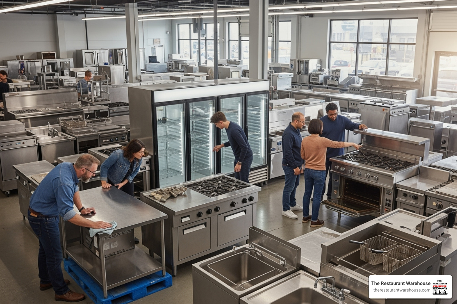 Diverse buyers inspecting used restaurant equipment in a showroom - who buy used restaurant equipment