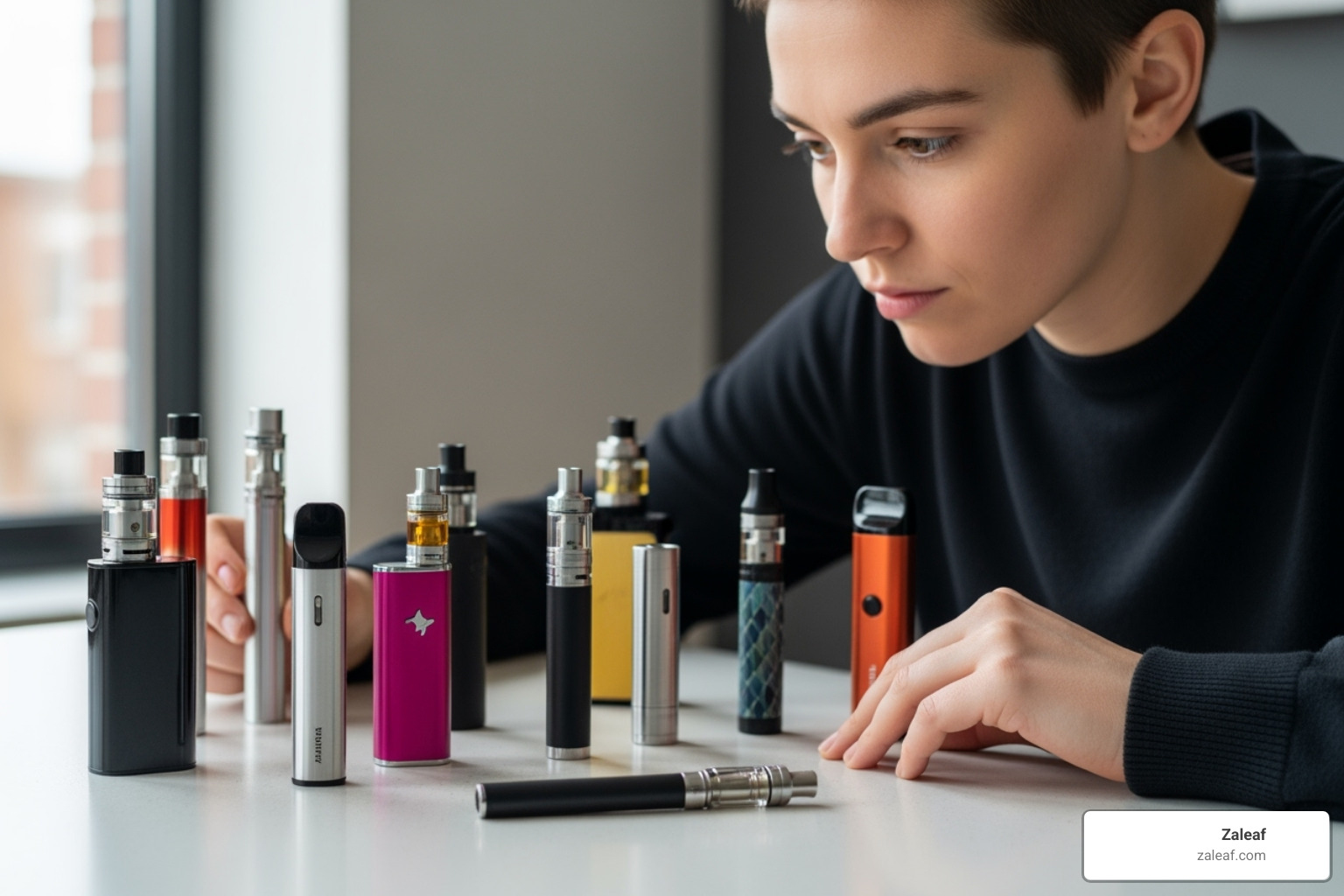 person thoughtfully looking at different vape pen options - indica hybrid sativa vape pen