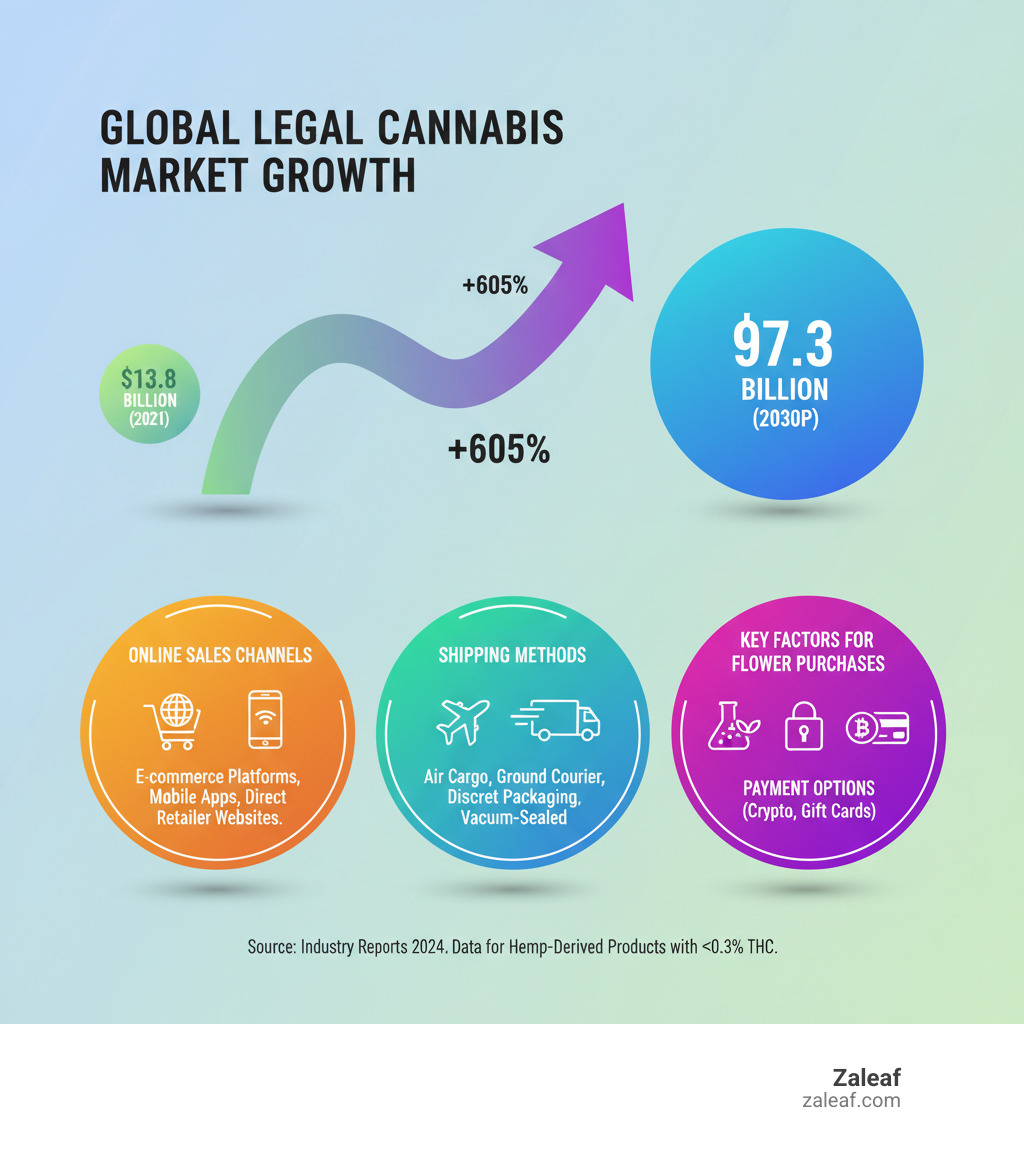Infographic showing the global legal cannabis market growth from $13.8 billion in 2021 to projected $97.3 billion by 2030, with breakdown of online sales channels, shipping methods, and key factors for worldwide cannabis flower purchases including lab testing, discreet packaging, and payment options - buy cannabis flower online worldwide infographic 
